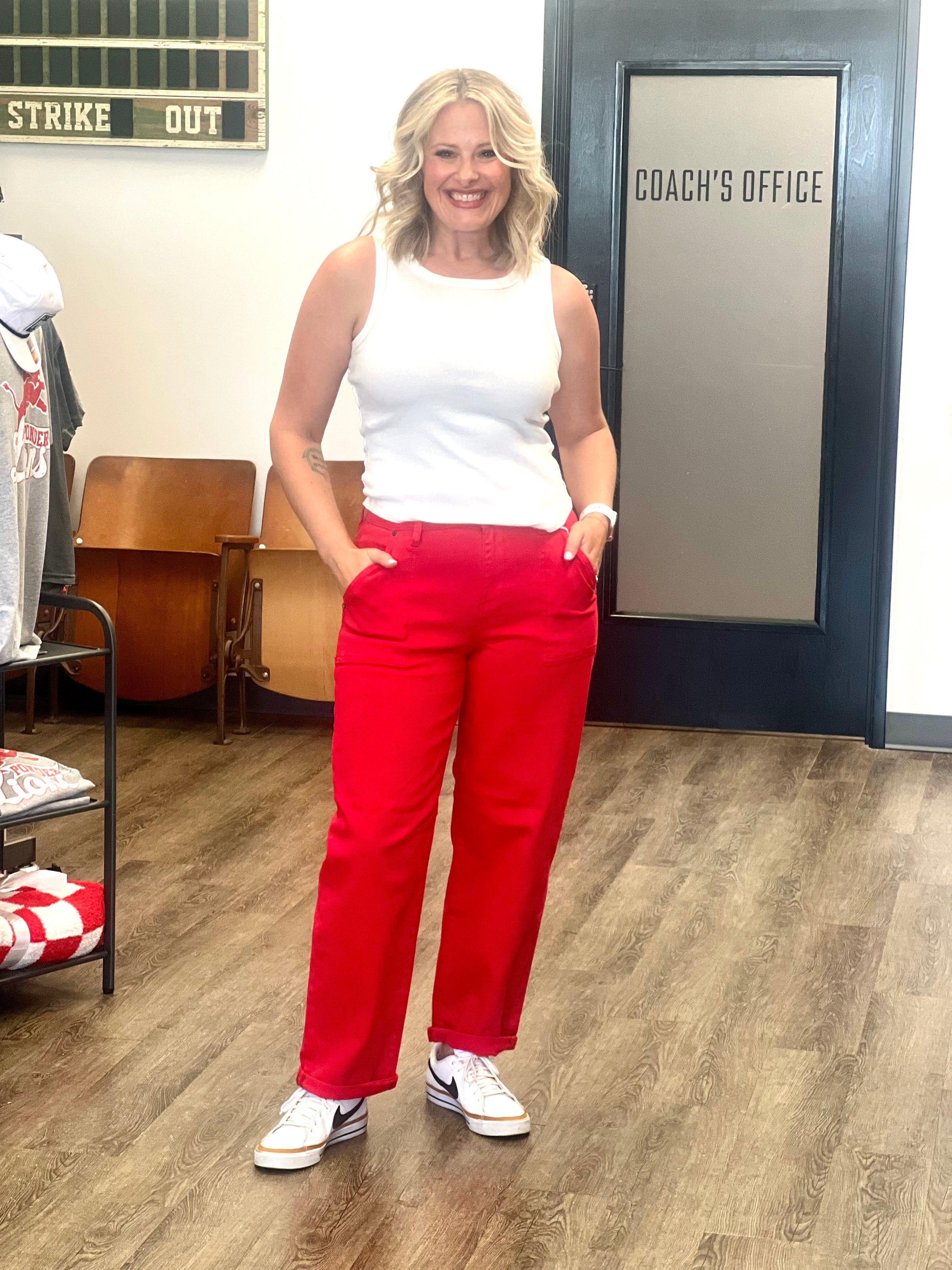 Risen | Red High Rise Barrel Jeans