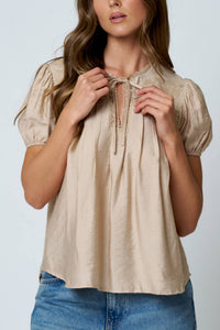 Embroidered Yoke Lace Trim Pintuck Detail Top