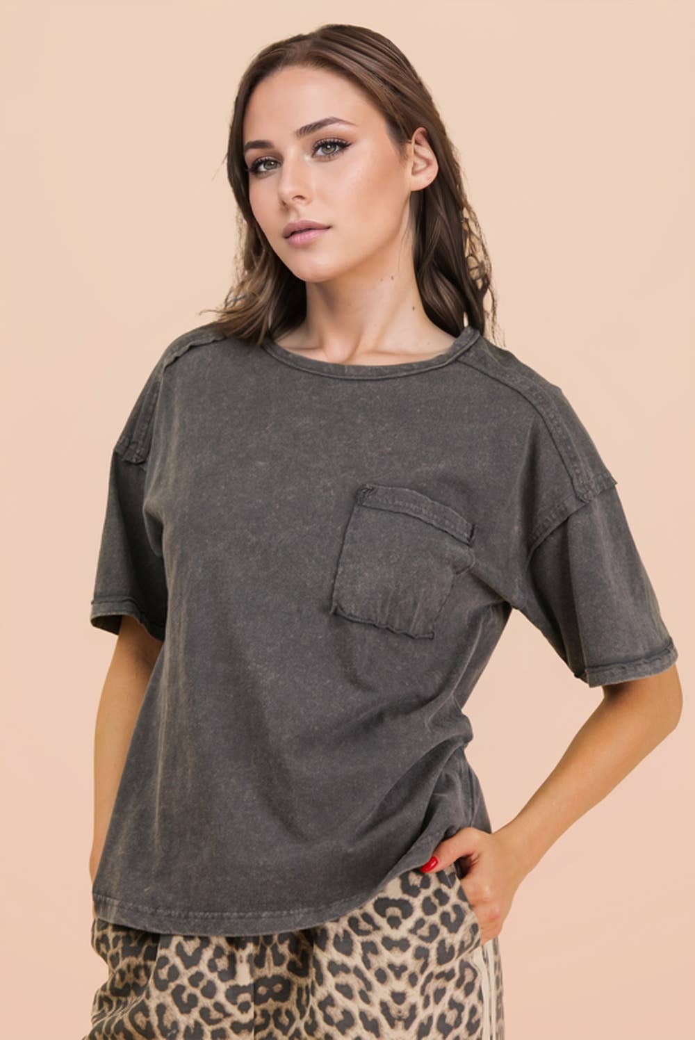 Charcoal Mineral Washed Knit Top with Pocket