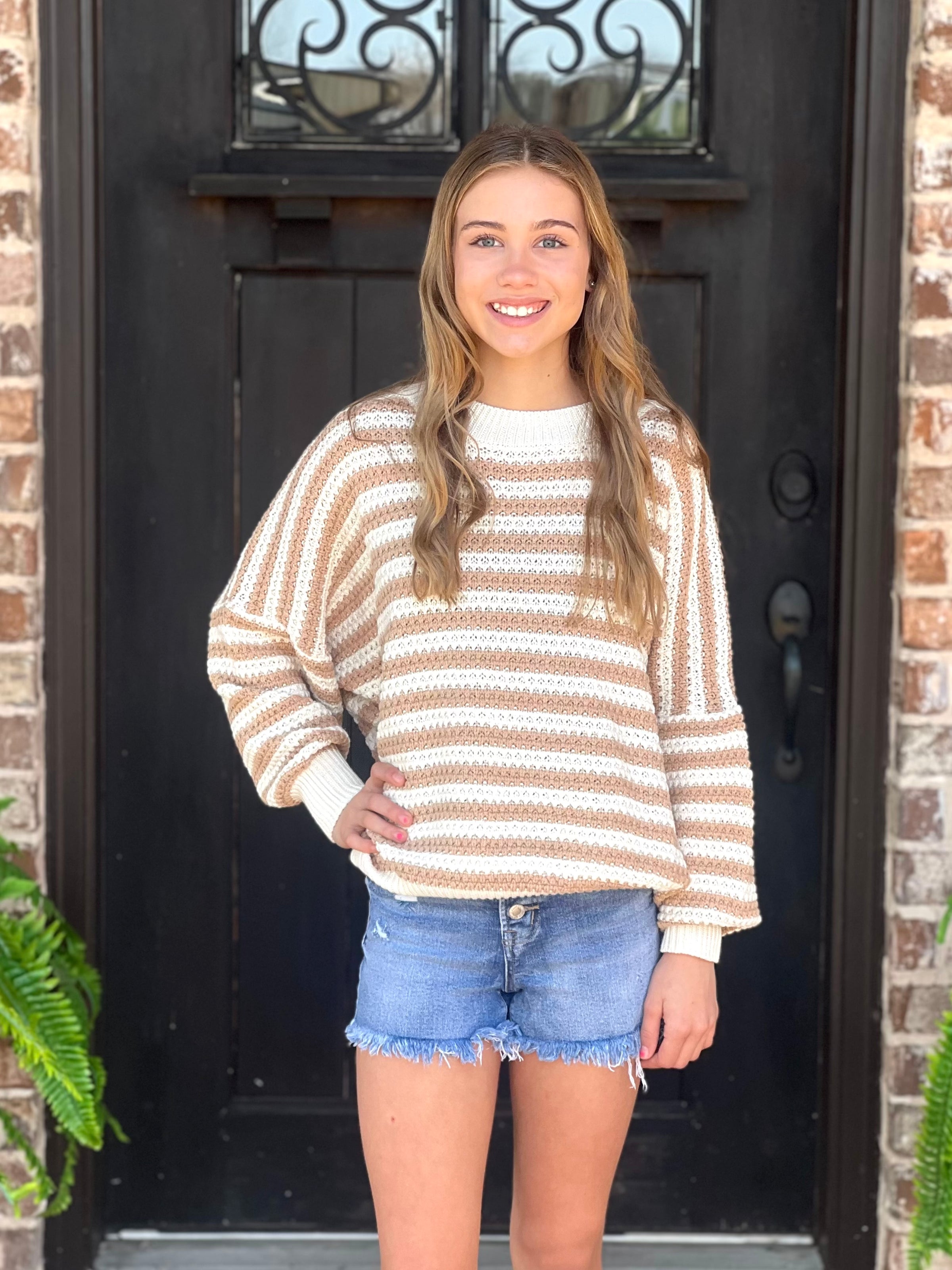 Taupe Balloon Sleeve Striped Crochet Sweater