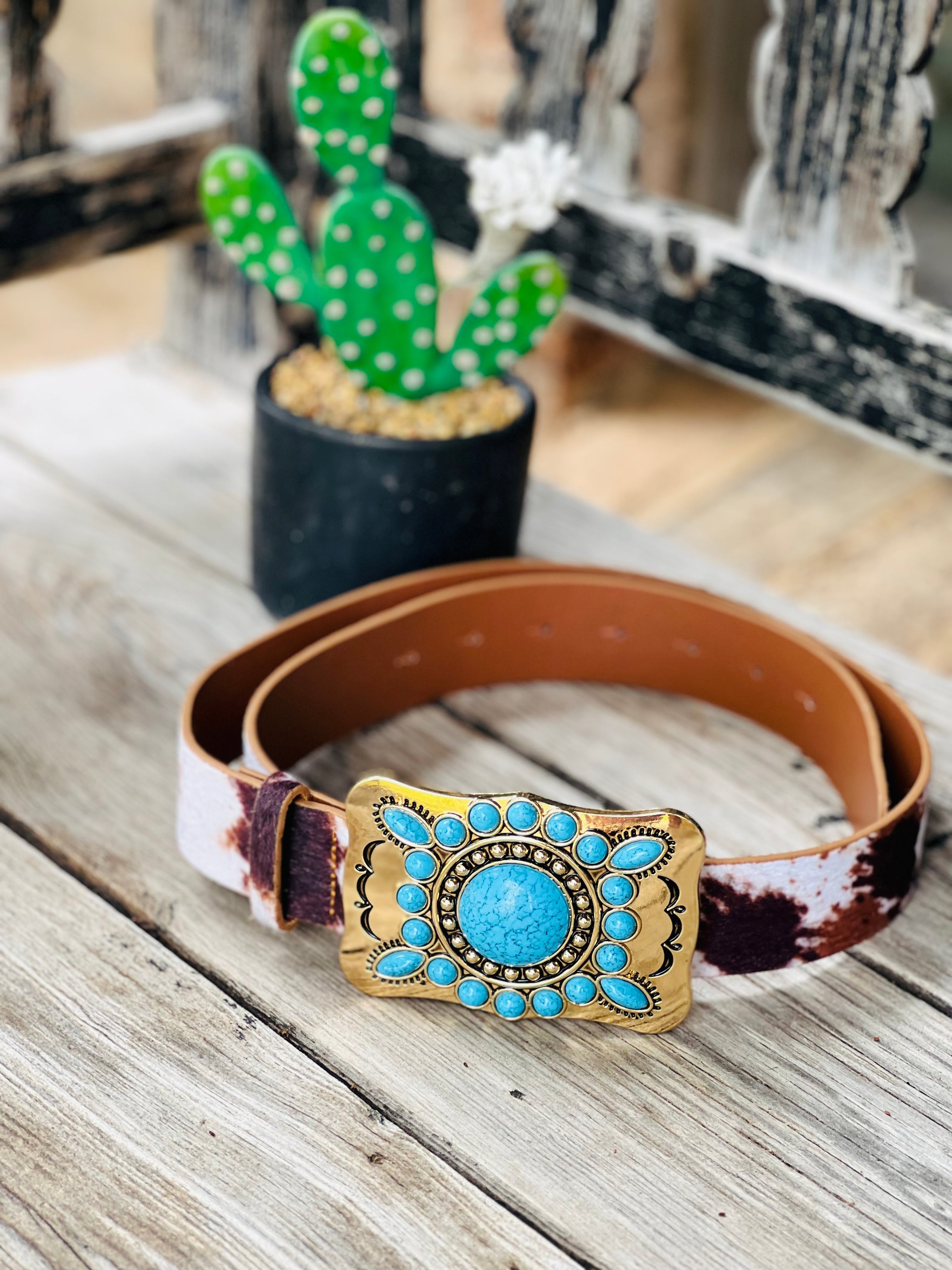 Western Turquoise Stone Concho Cow Print Belt
