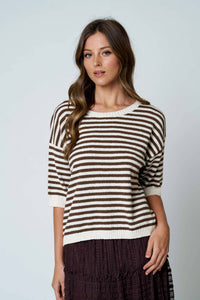 Brown Stripe Contrast Trim Short Sleeve Knit Sweater