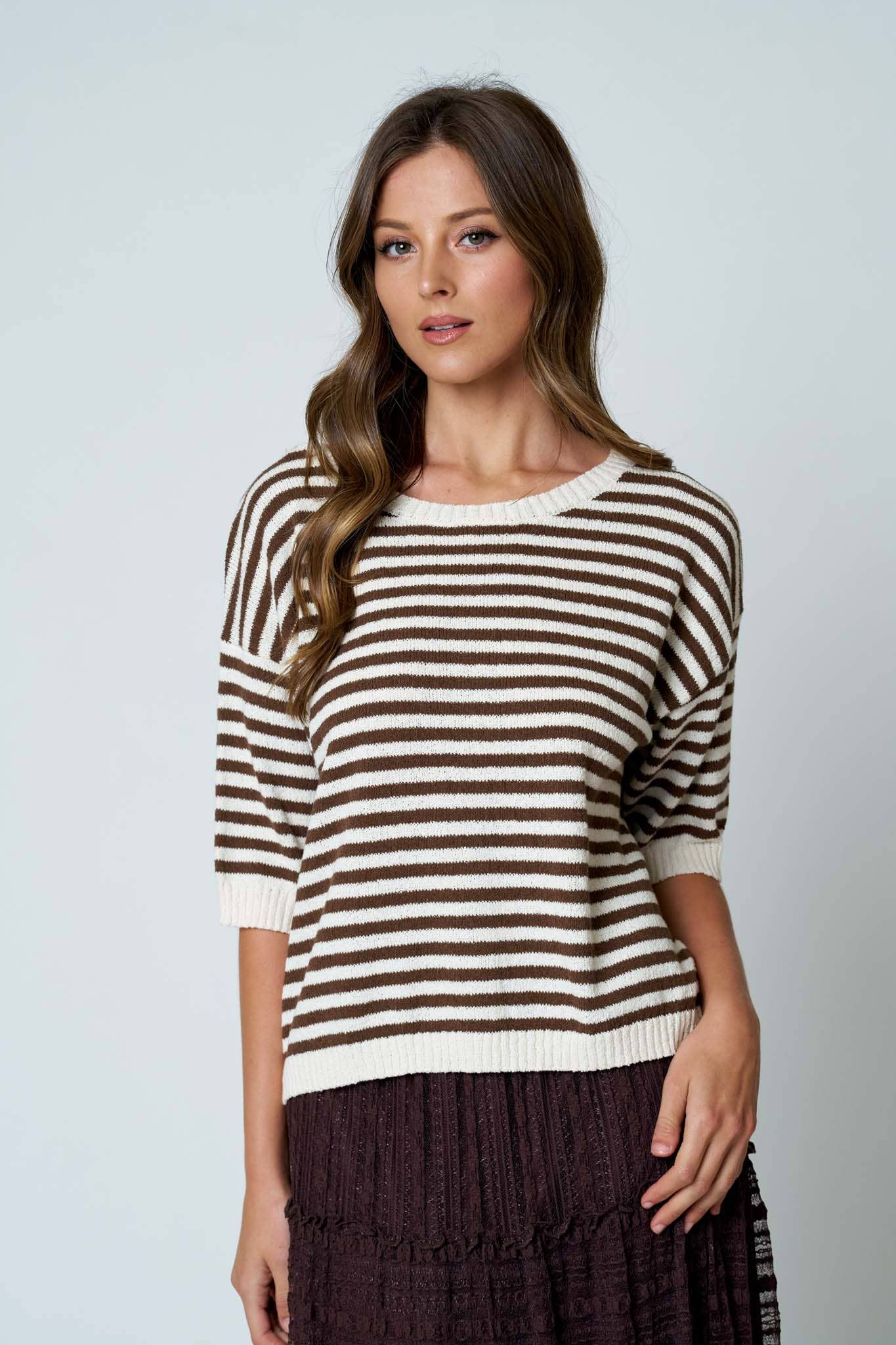 Brown Stripe Contrast Trim Short Sleeve Knit Sweater