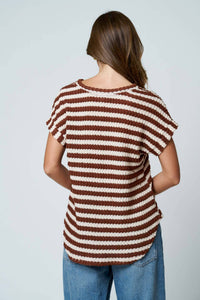 Brown Textured Stripe Round Neck Dolman Sleeve Knit Top