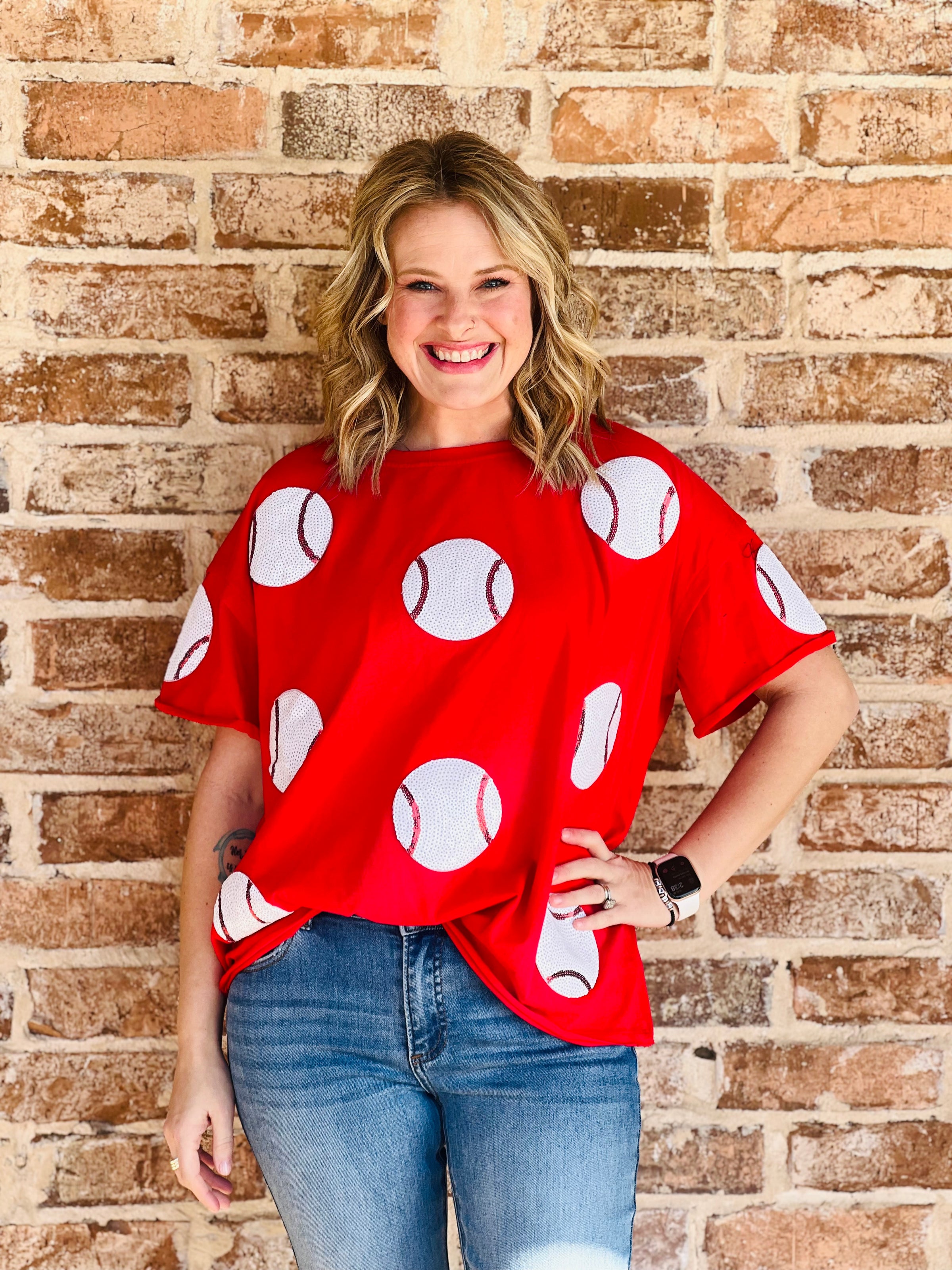Red Sequin Baseball Patch Top