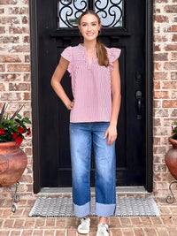 Red Striped Ruffle Cap Sleeve Top