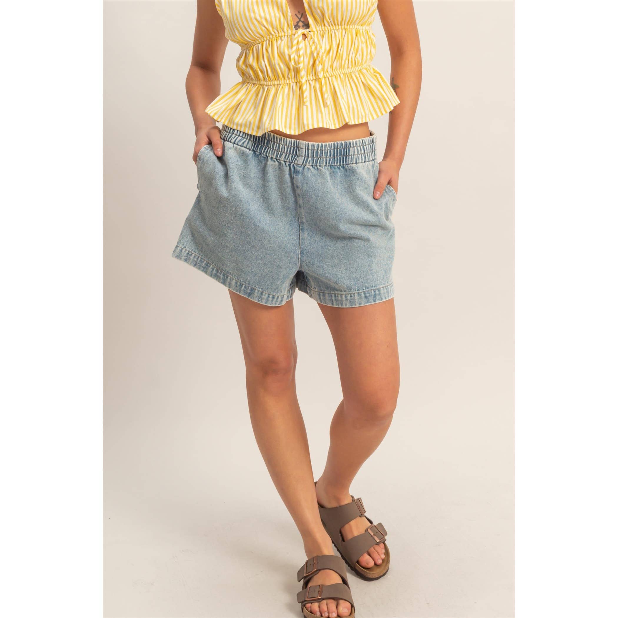 Elastic Waist Mineral Wash Denim Shorts