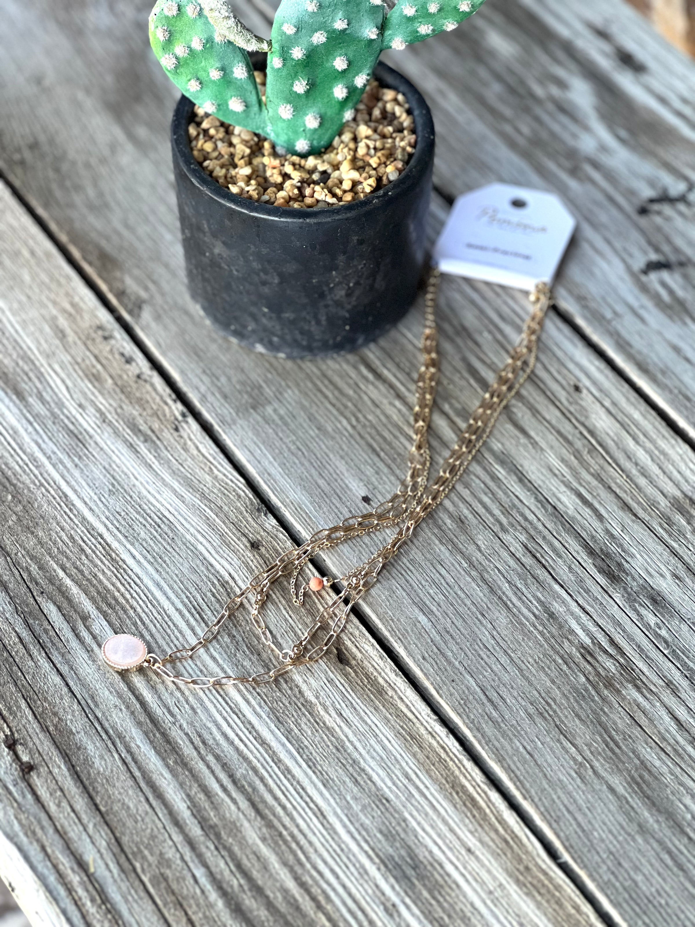 Stone Oval Pendant and Bead Layered Chains Necklace