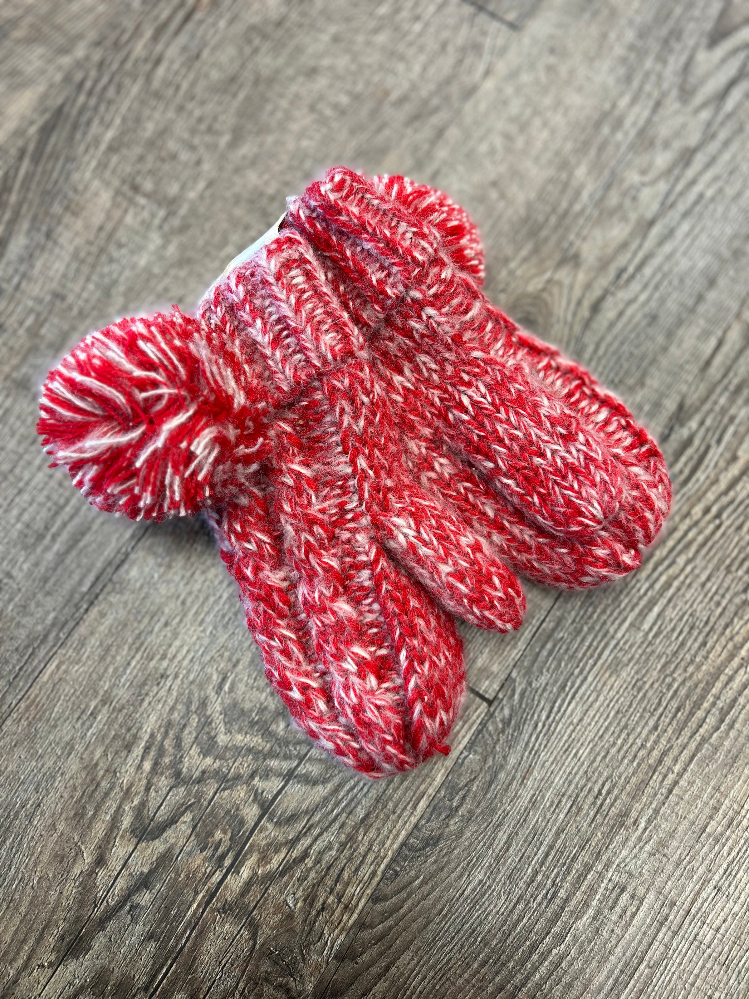 Youth Red Mix Pom Mitten Gloves