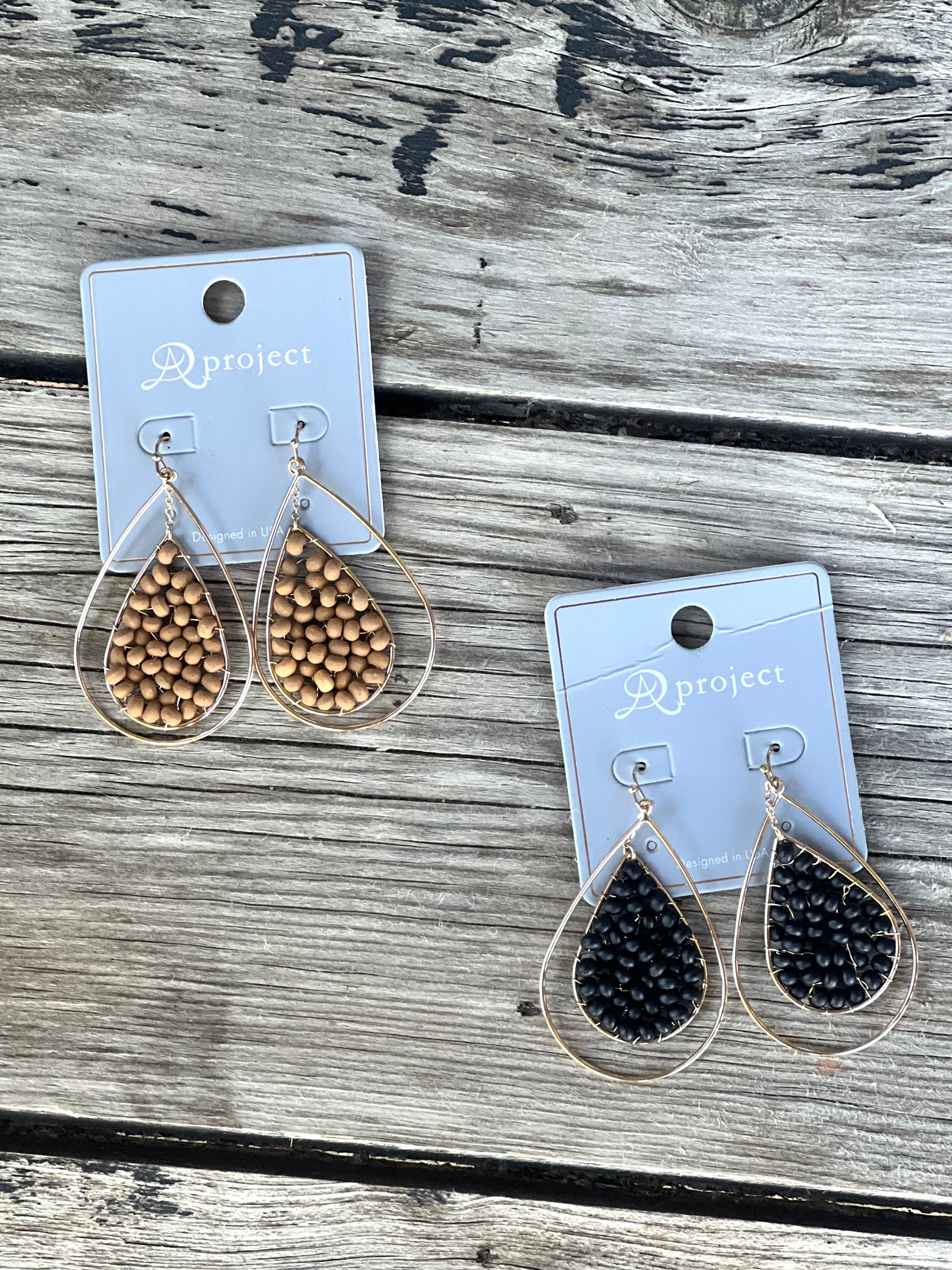 Beaded Wood Double Teardrop Earrings
