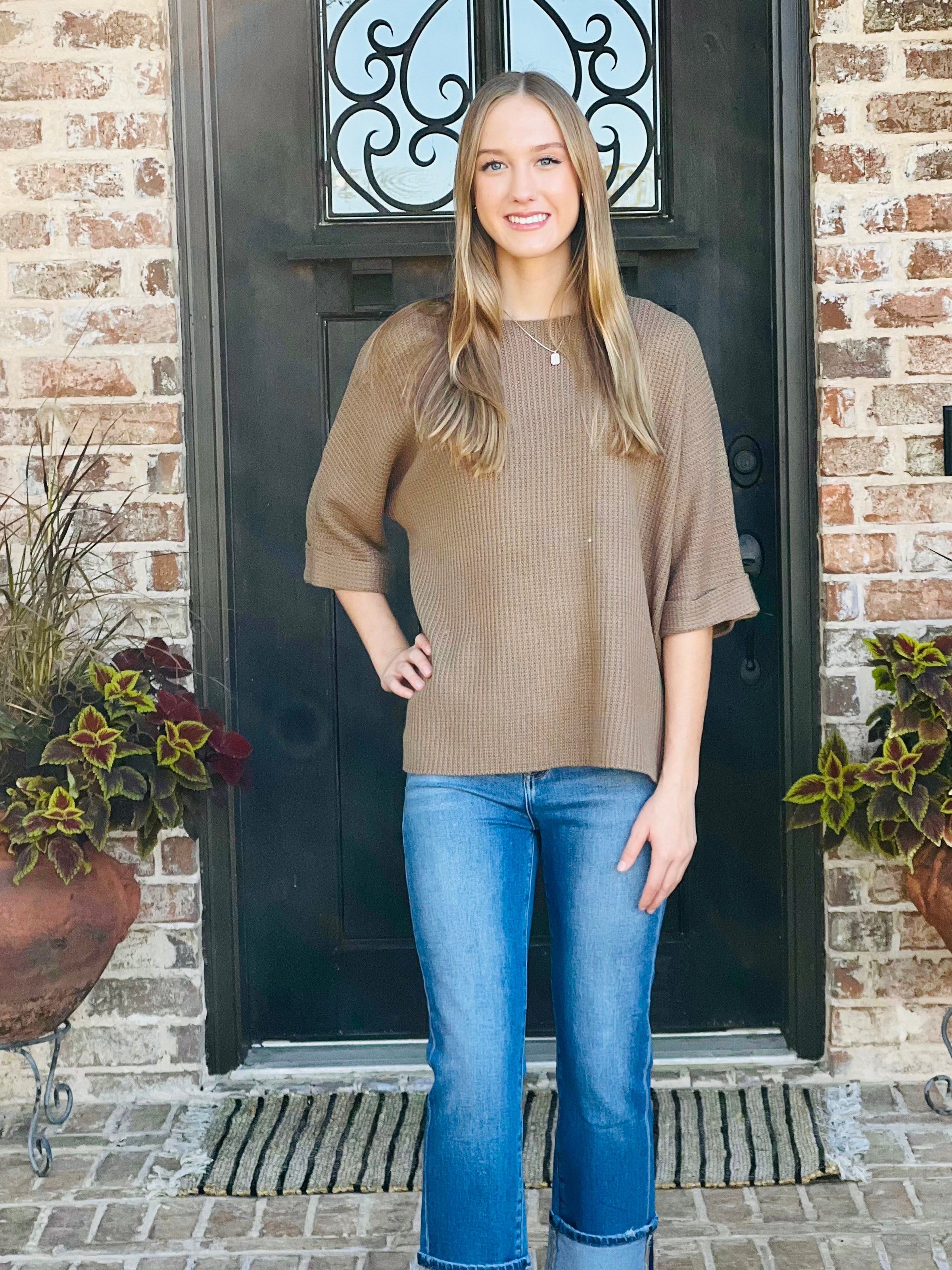 Aubree Mocha Short Sleeve Sweater Top