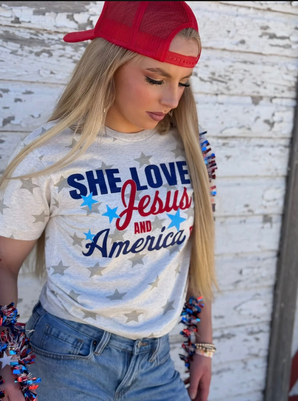 She Loves Jesus & America Too Star Tee