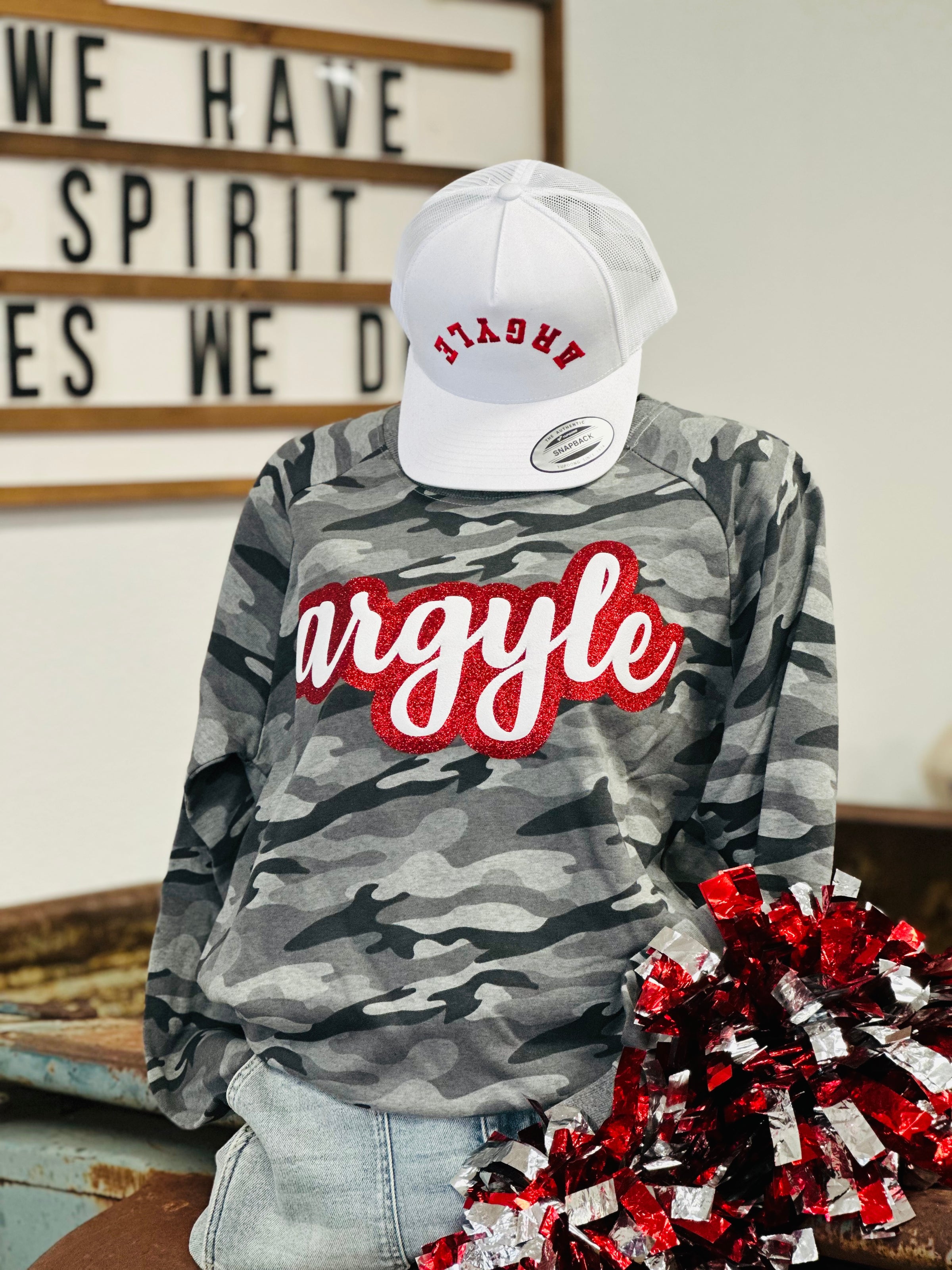 Argyle Glitter Script Camo Sweatshirt