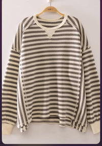 Shiloh Grey & Cream Waffled Hi Lo Striped Top