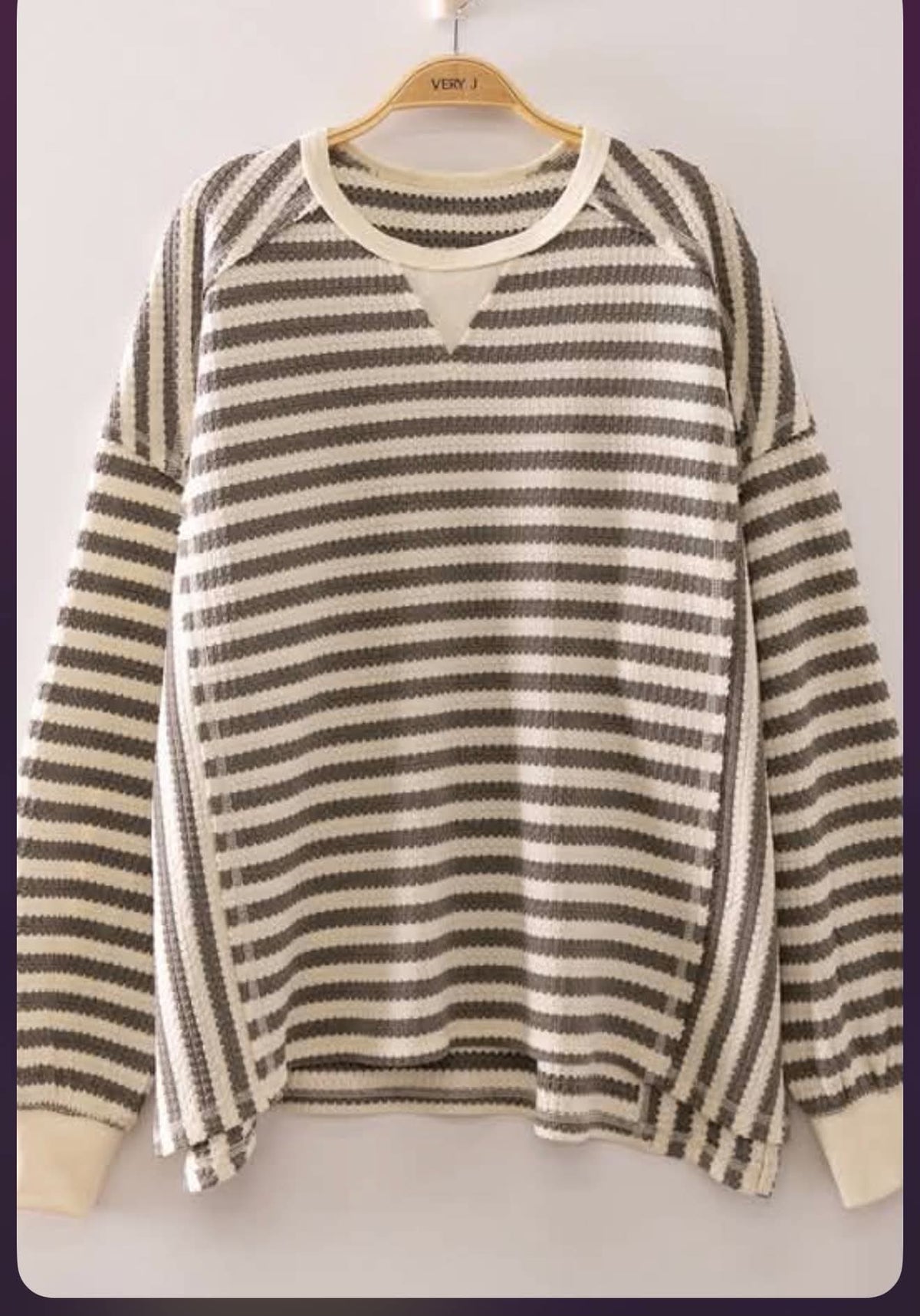 Shiloh Grey & Cream Waffled Hi Lo Striped Top