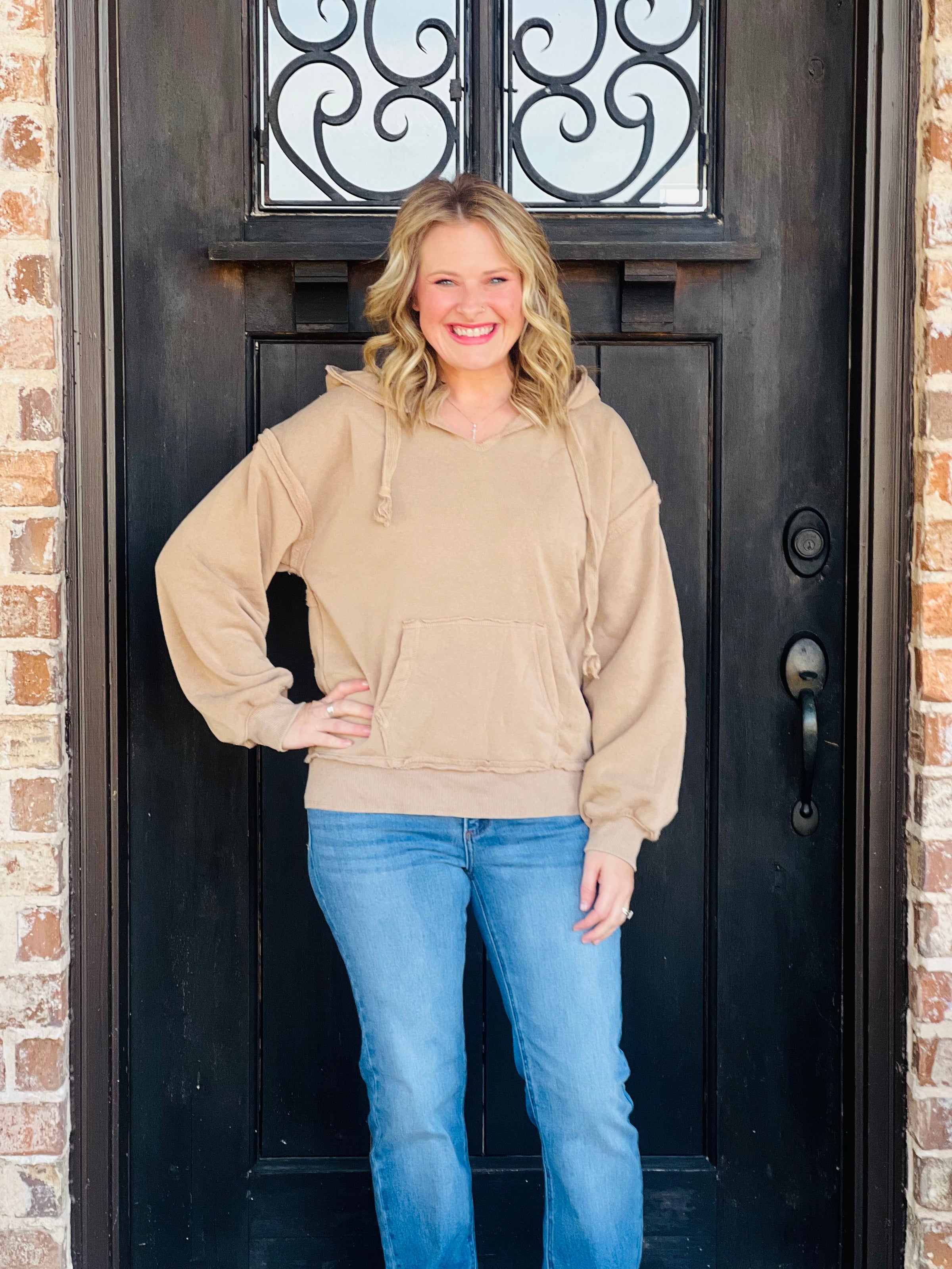 Beige Oversized Brushed Terry Knit Hoodie Top