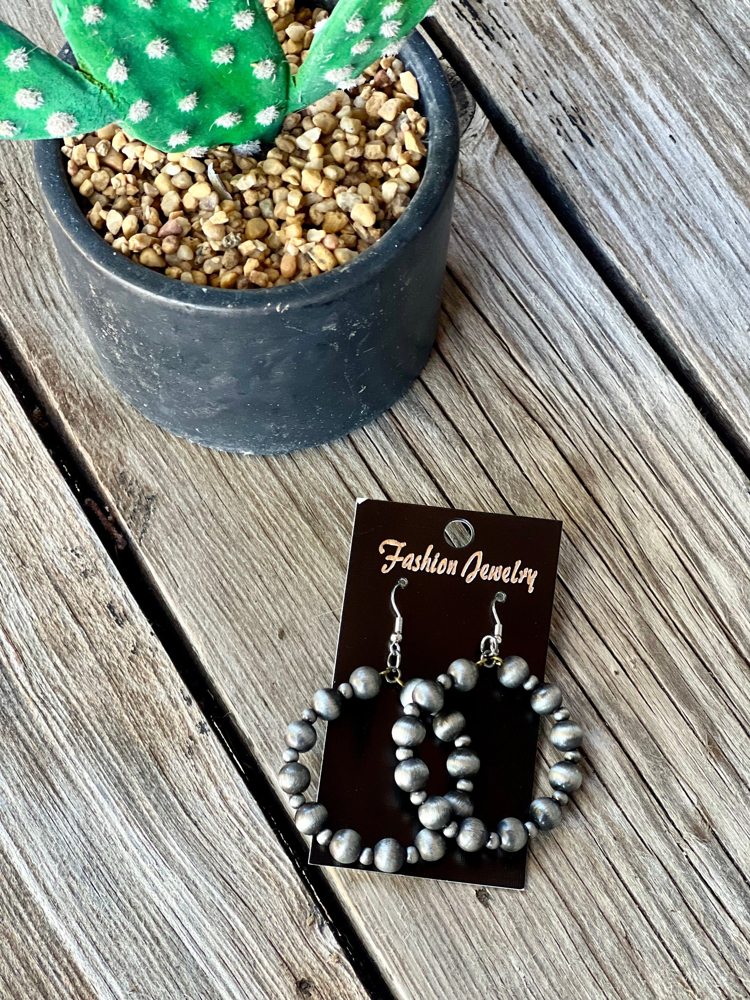 Brushed Silver Multi Bead Dangle Hoops