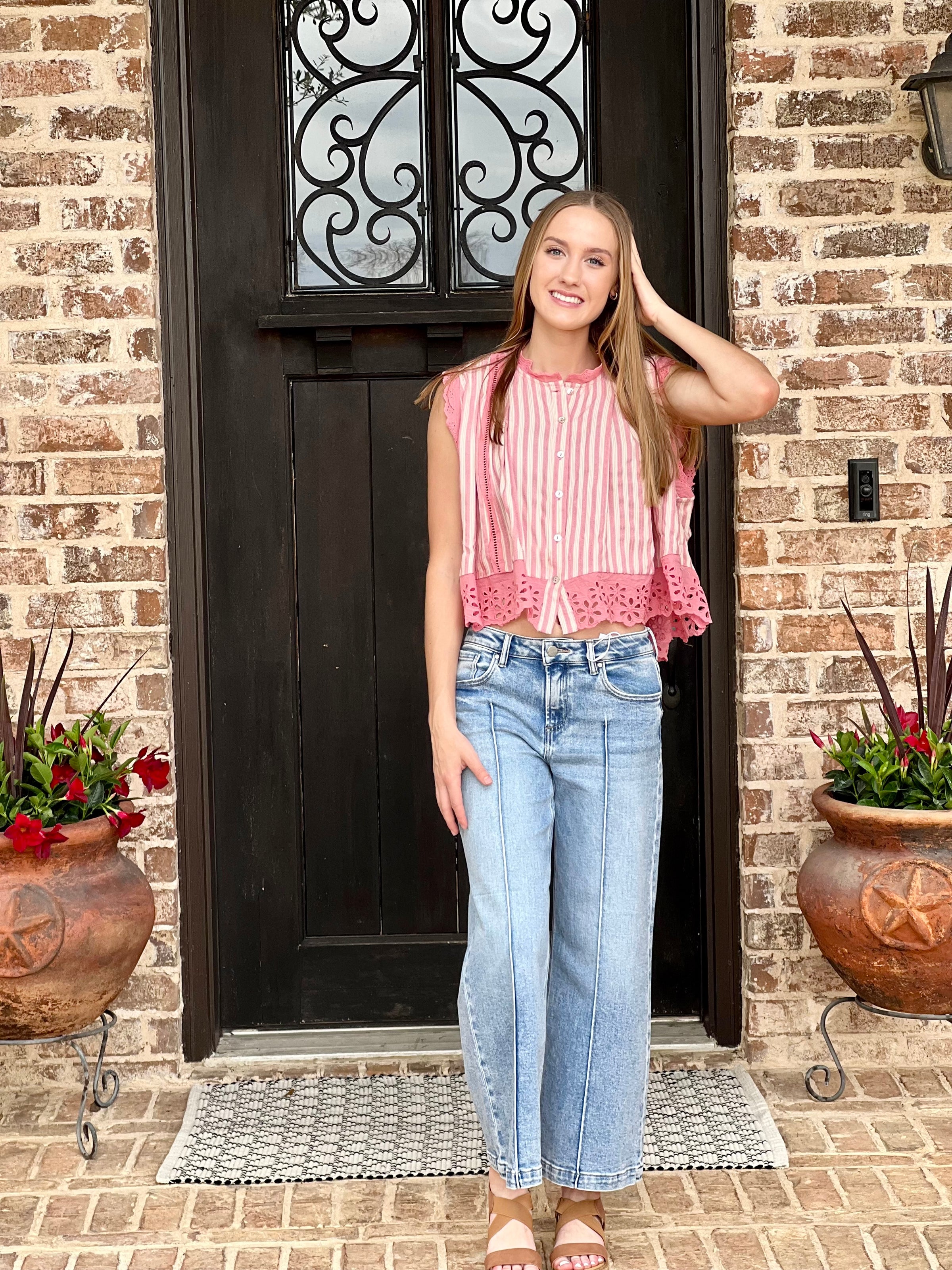 Blush Stripe Flowy Floral Eyelet Sleeveless Top