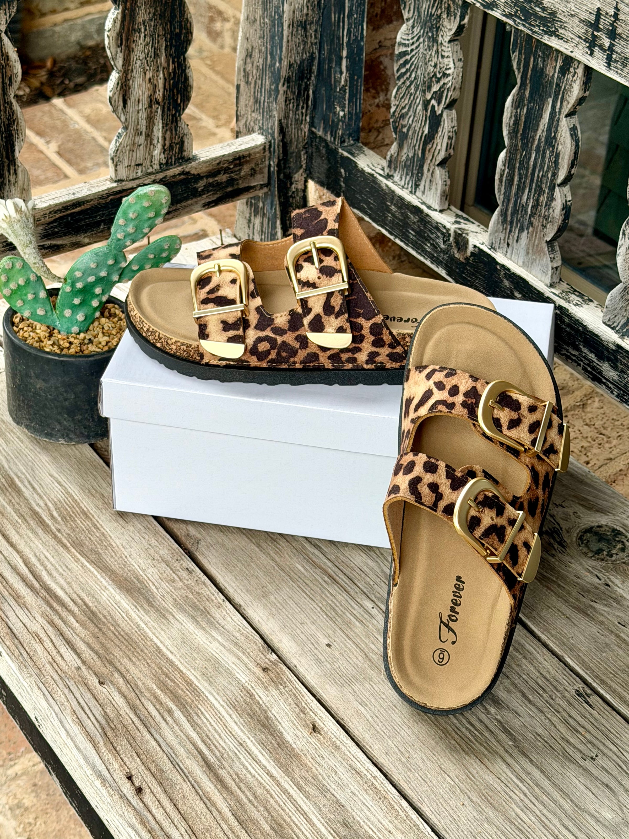 Forever Leopard Buckle Slide Sandals
