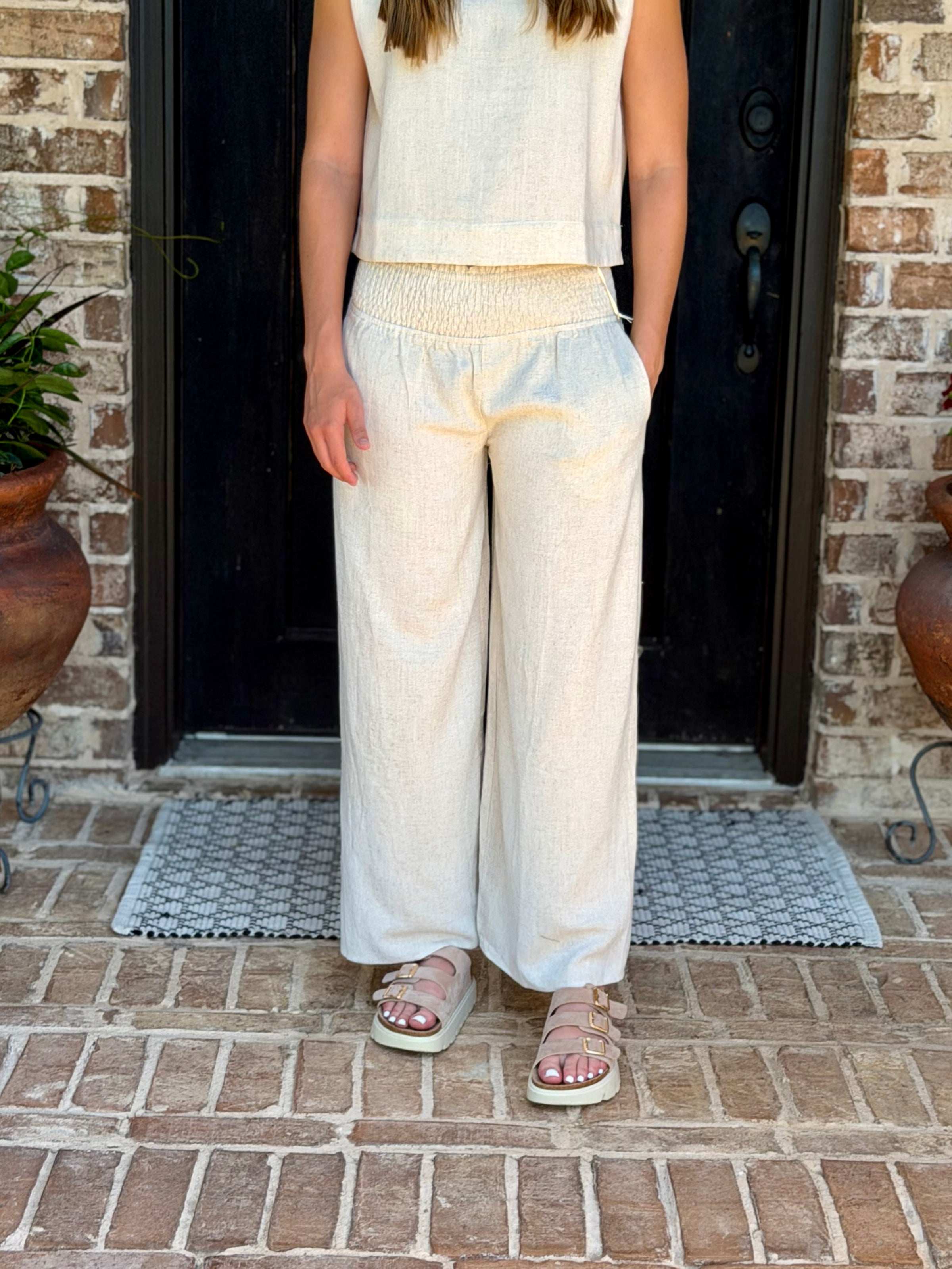 Linen Smocked Waist High Waist Pants with Side Pockets