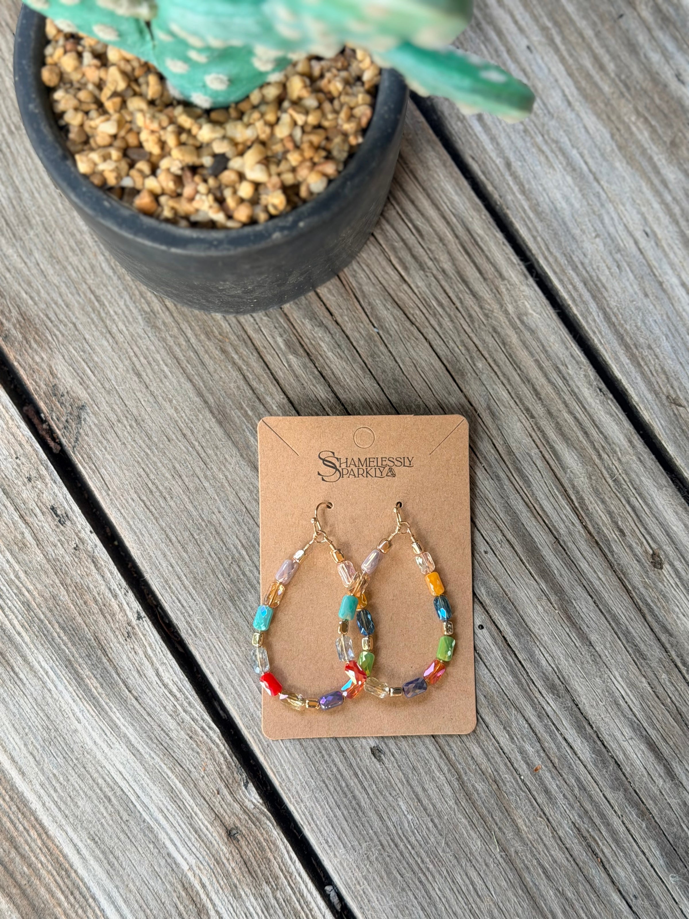 Teardrop Wire Beaded Glass Crystal Earrings