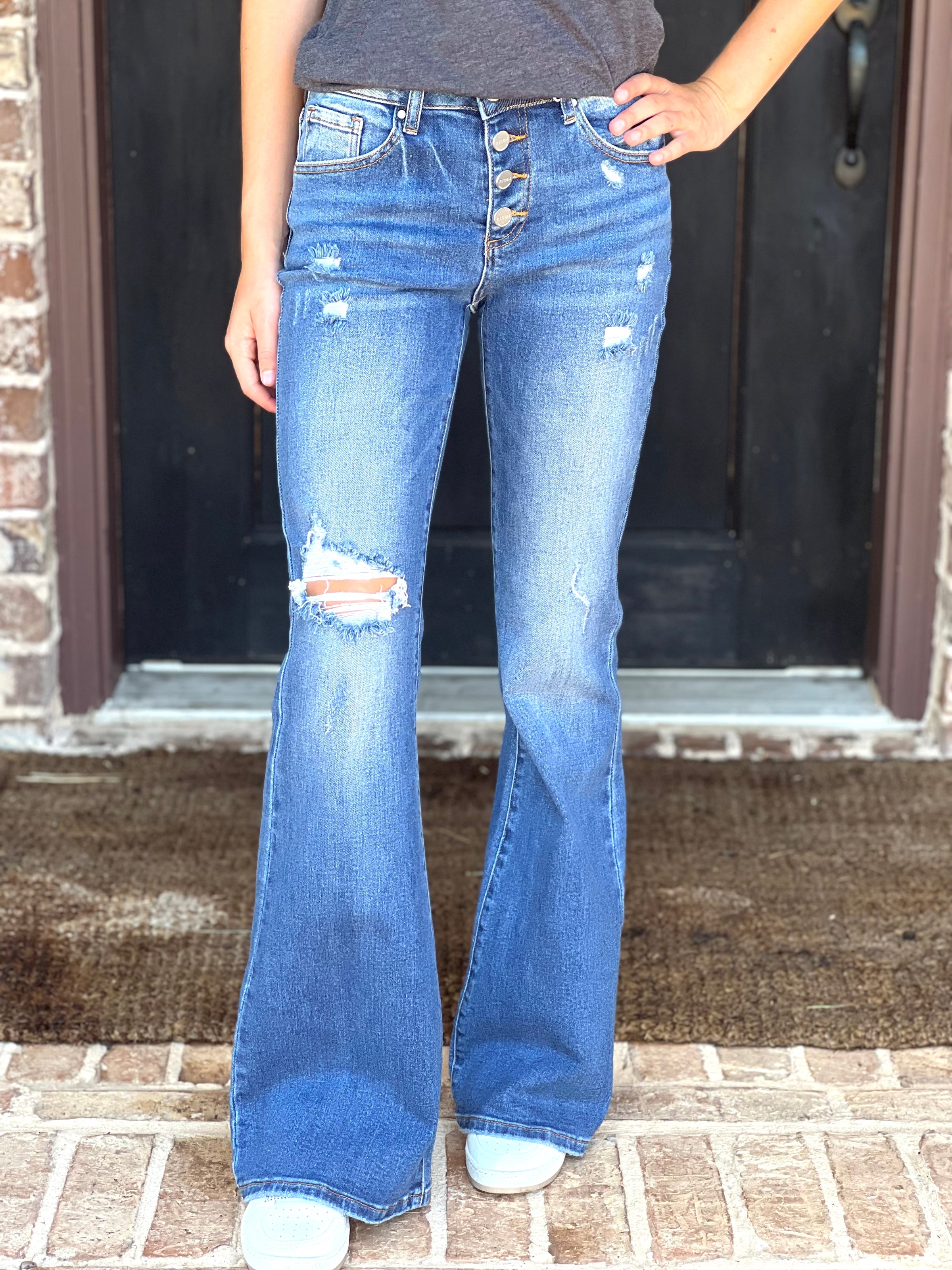 Risen | PLUS Mid Rise Dark Distressed Button Fly Flare Jeans