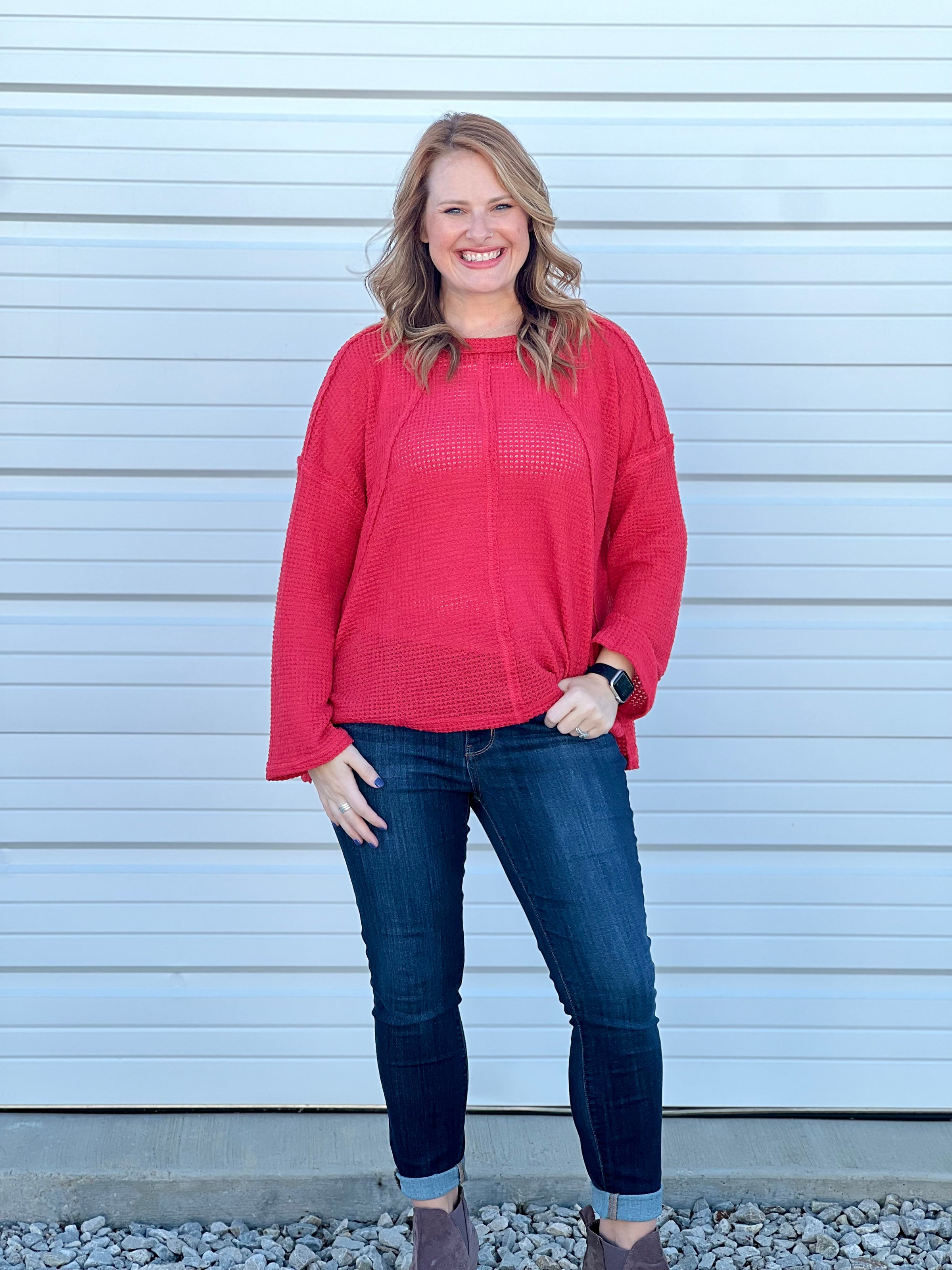 Crimson Waffle Raw Hem Bell Sleeve Top