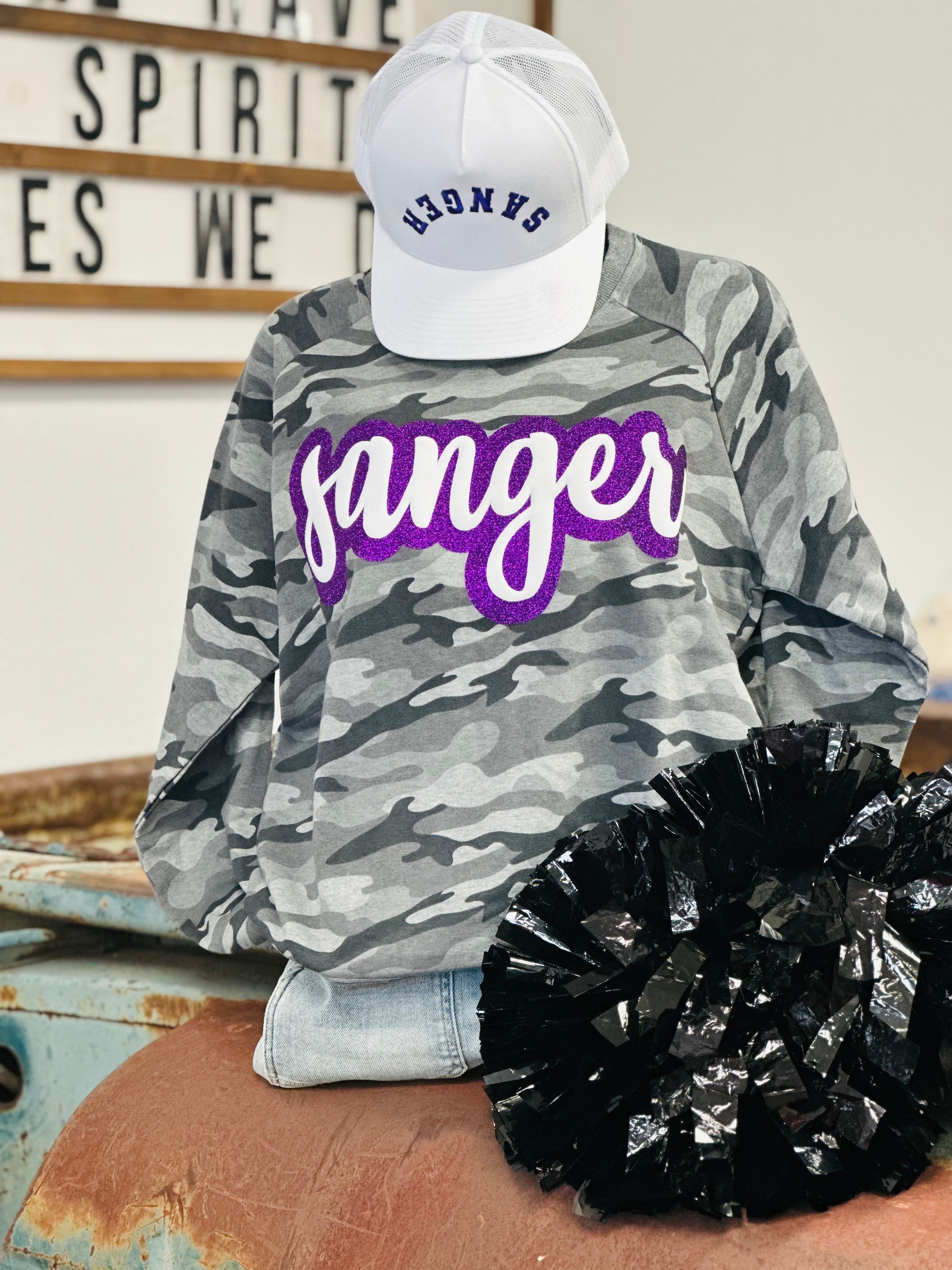 Sanger Glitter Script Camo Sweatshirt
