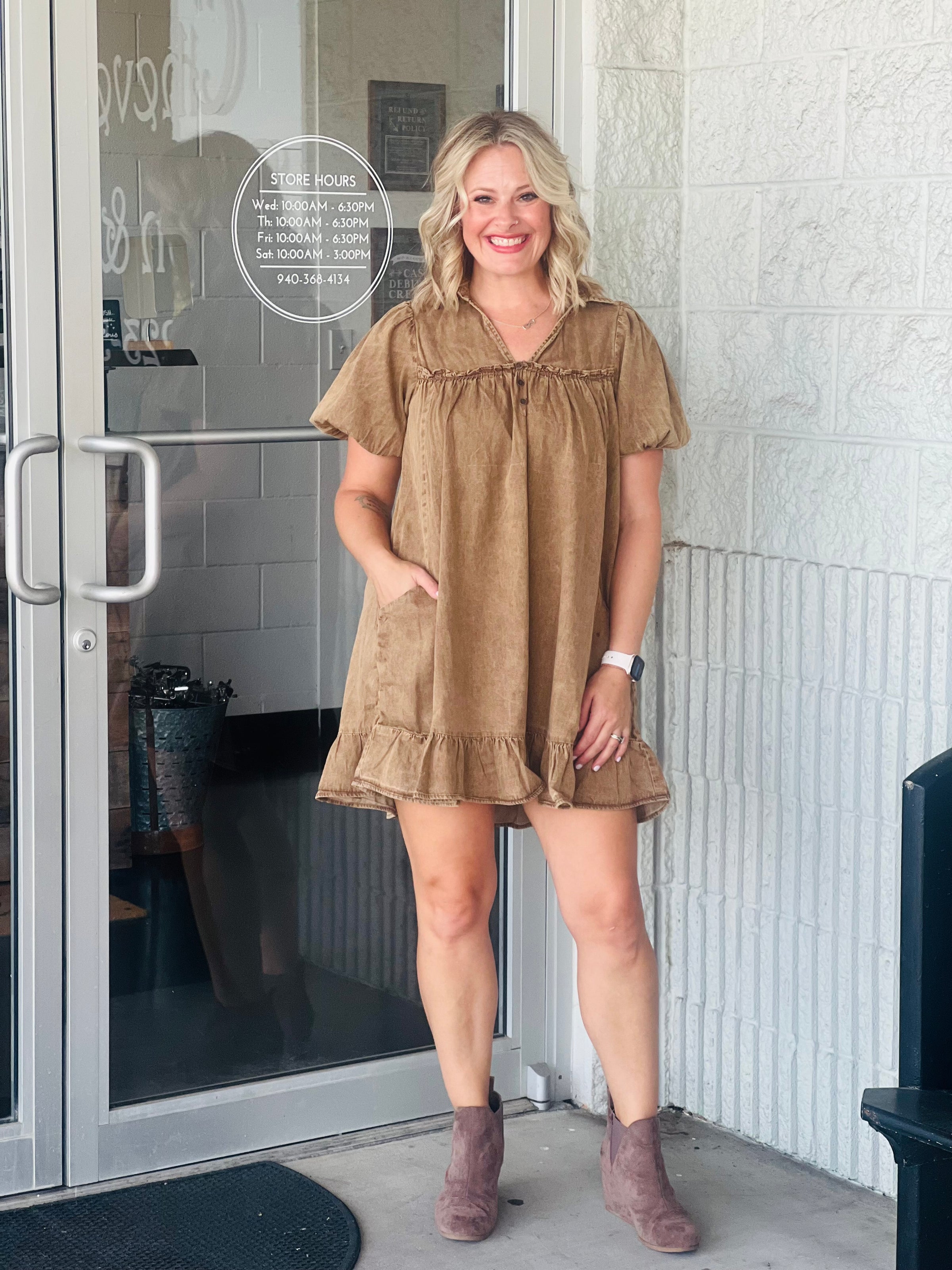 Mocha Denim Short Sleeve Ruffle Bottom Dress