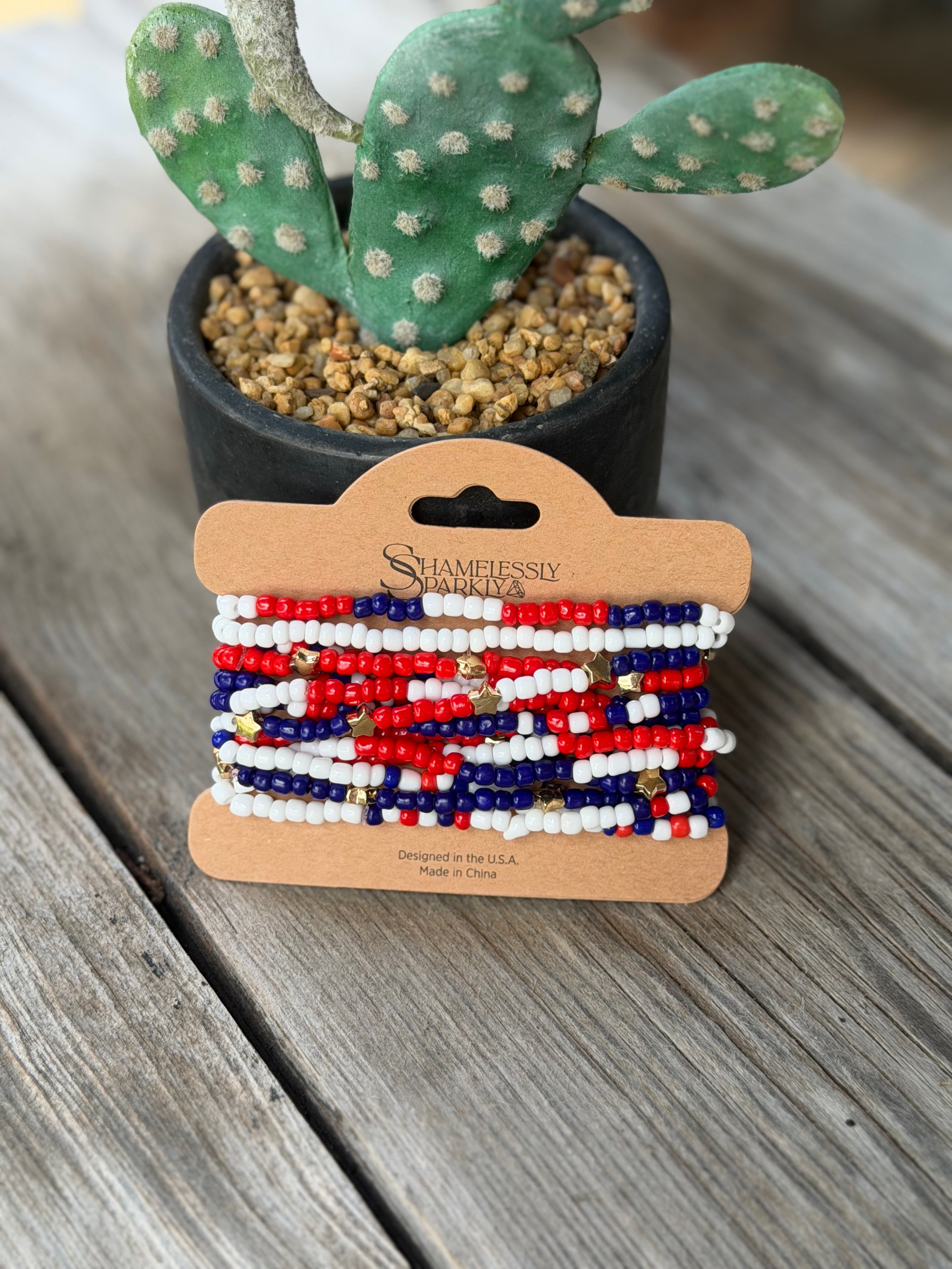 Patriotic Americana Red White Blue Seed Bead Bracelet Set