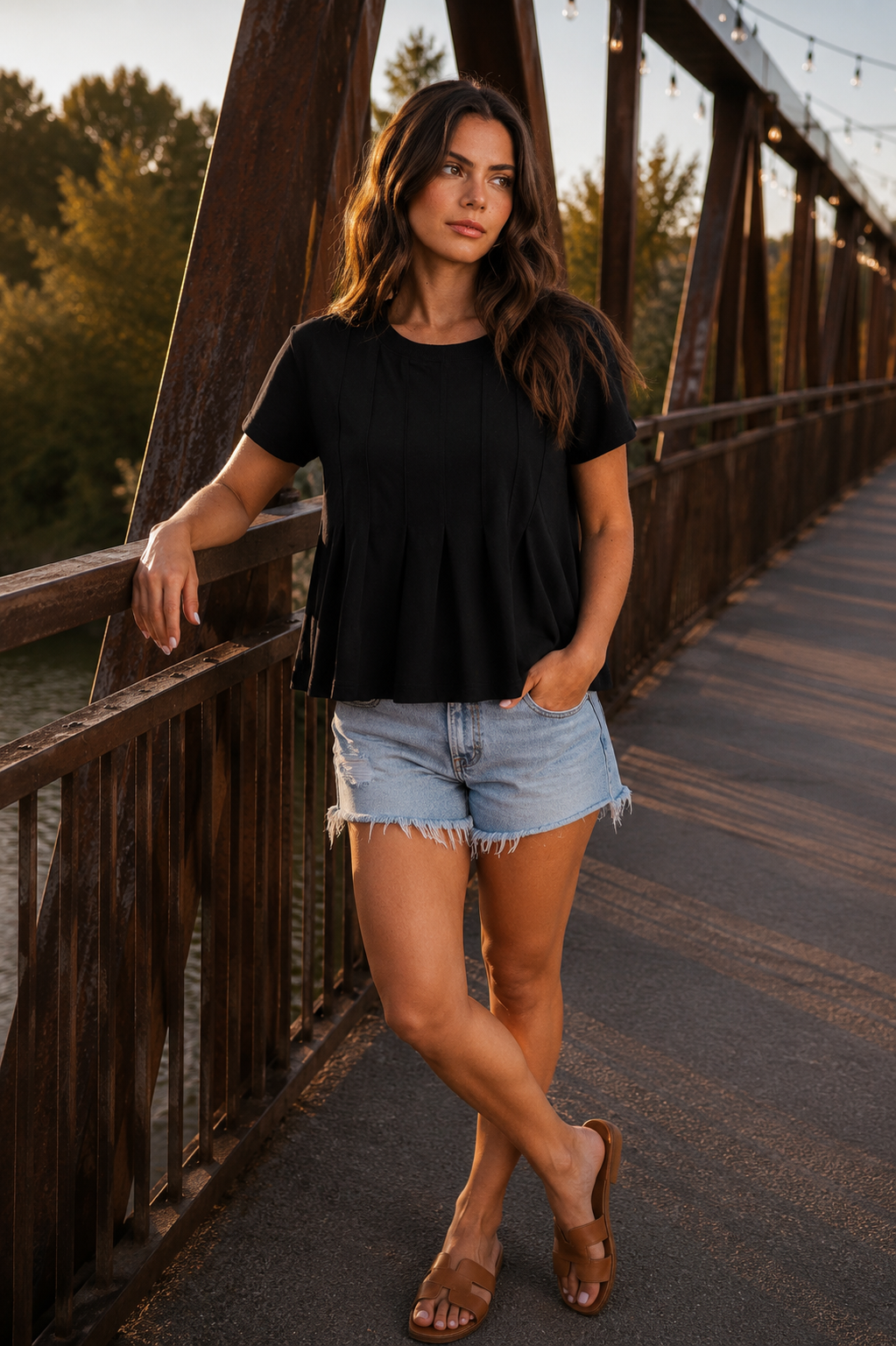 Black Pleated Swing Tee Top