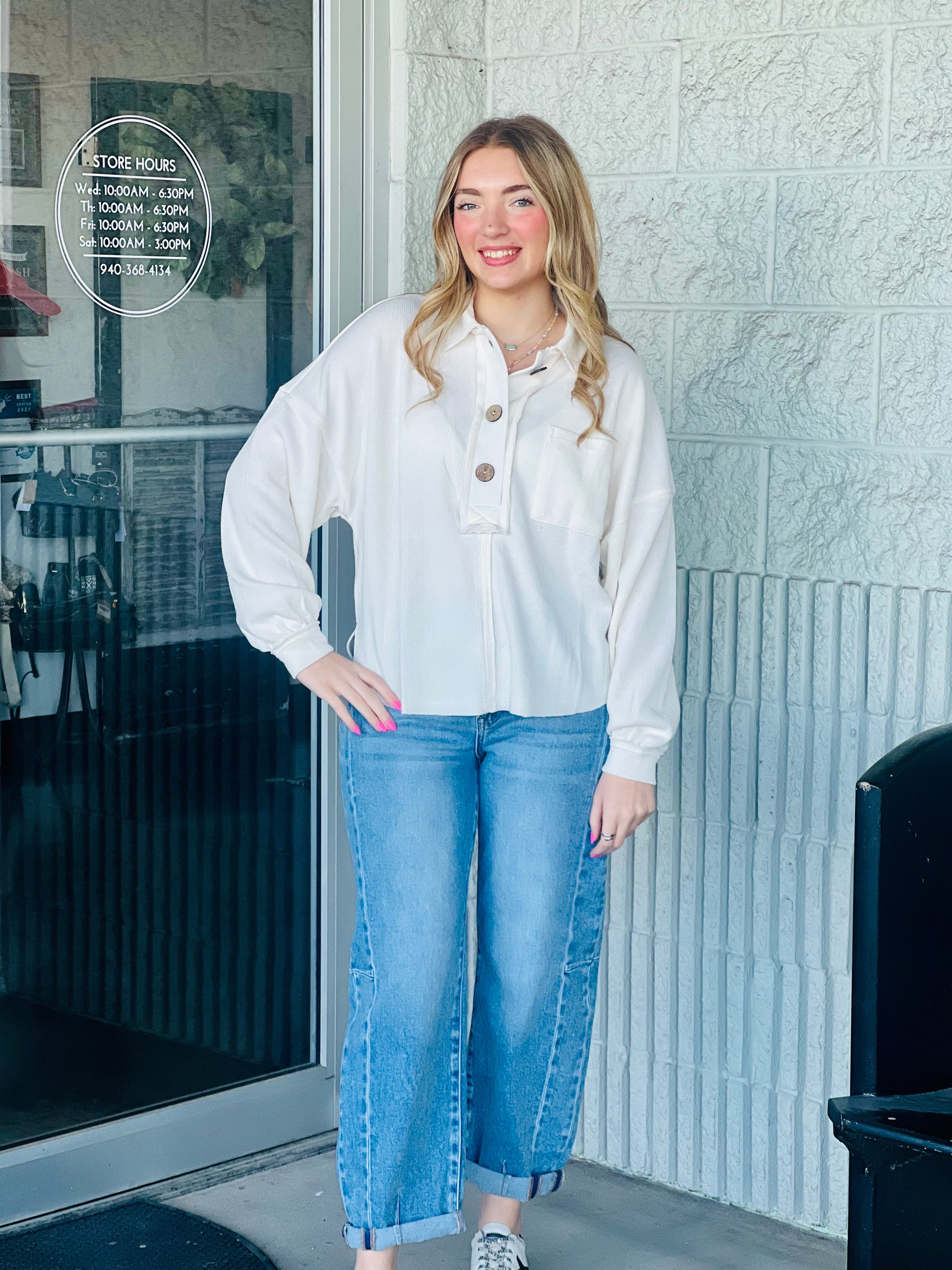 Off White Button Collared Raw Edged Top