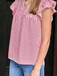 Red Striped Ruffle Cap Sleeve Top