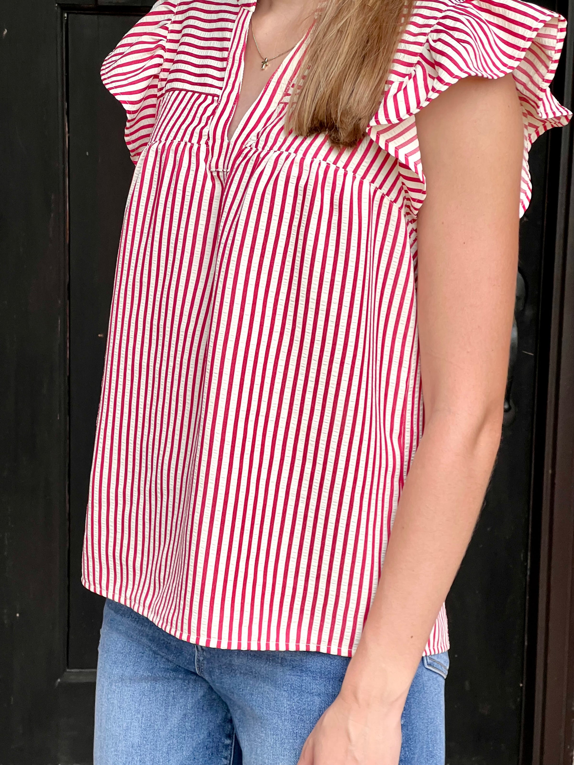 Red Striped Ruffle Cap Sleeve Top