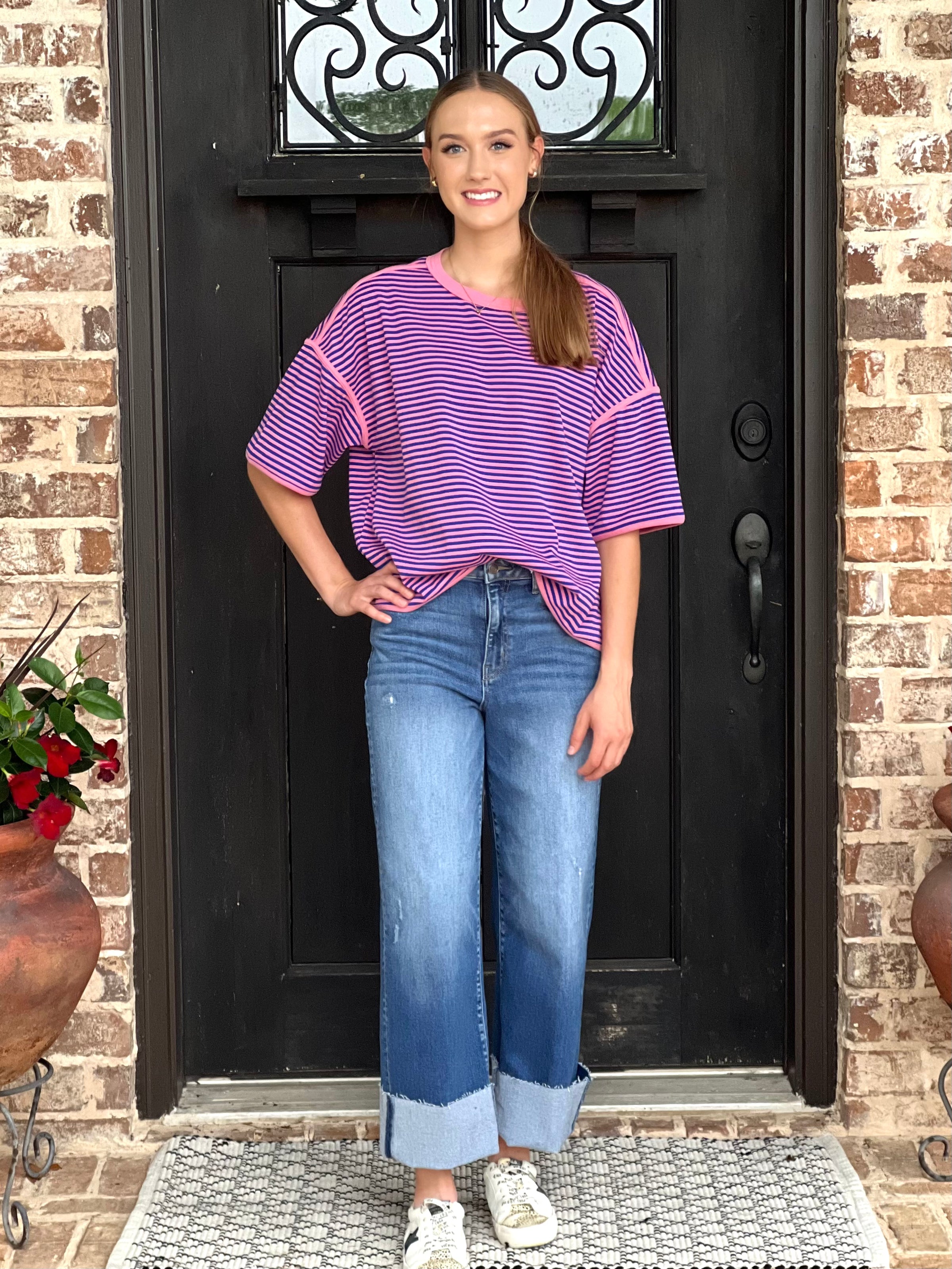 Pink & Royal Striped Oversized Knit Top