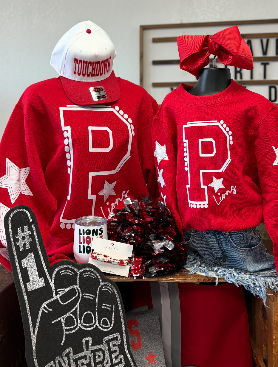 P Lions Oversized Varsity Letter Mascot Star Sweatshirt