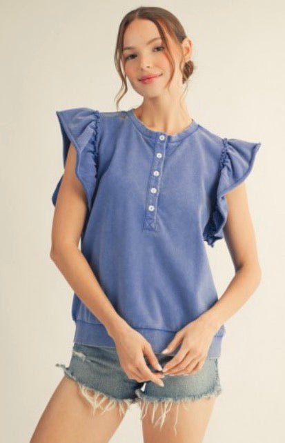 Blue Raw Cut Flutter Sleeve Top