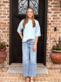 Light Blue Short Sleeve Relaxed Sweater Top