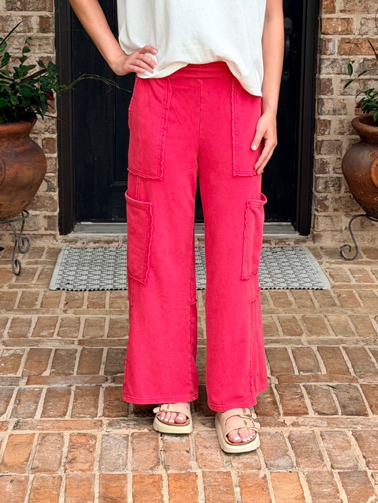 Red Mineral Wash Wide Leg Cargo Pants