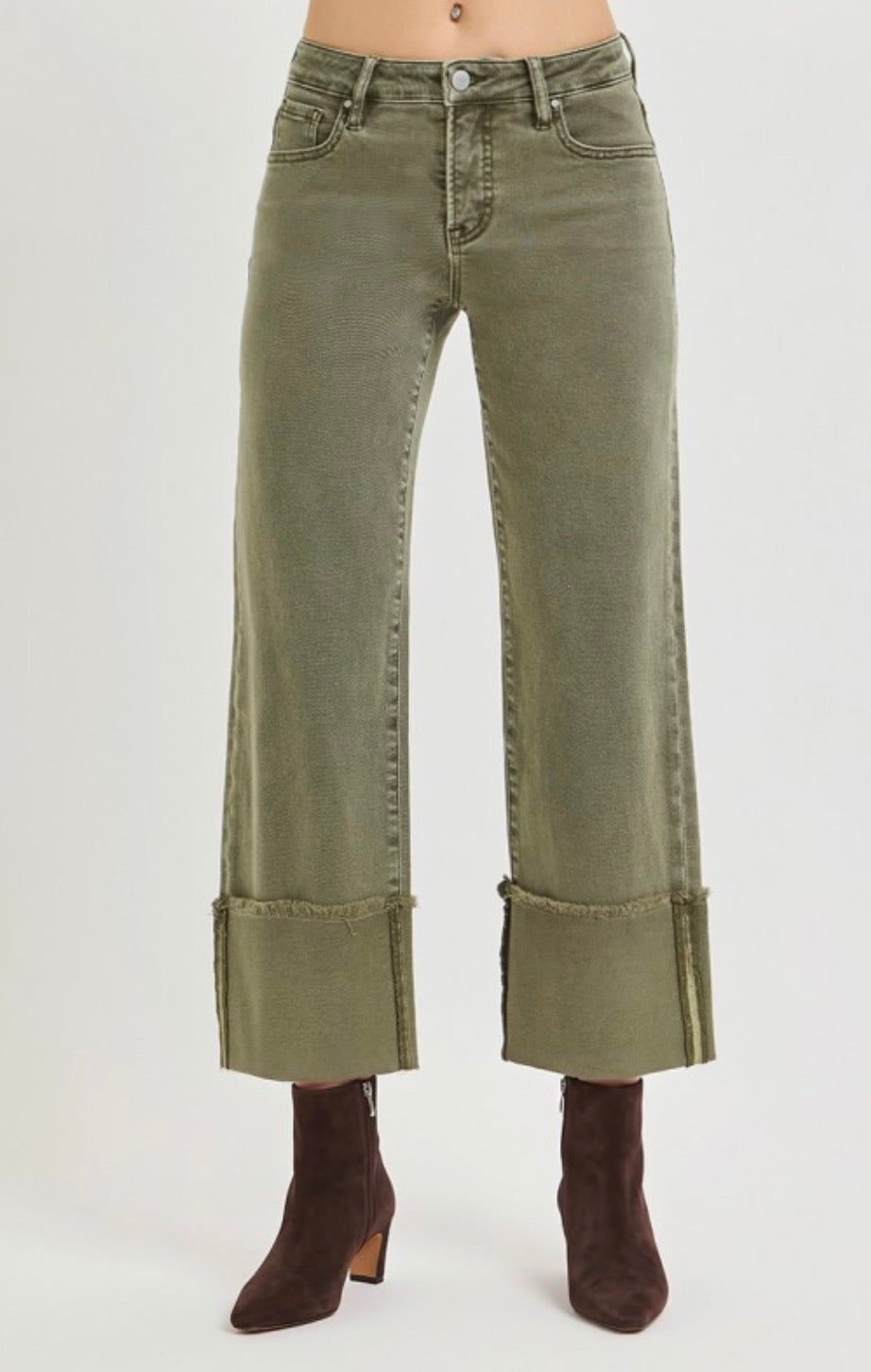 Risen | Olive Mid Rise Wide Leg Jeans