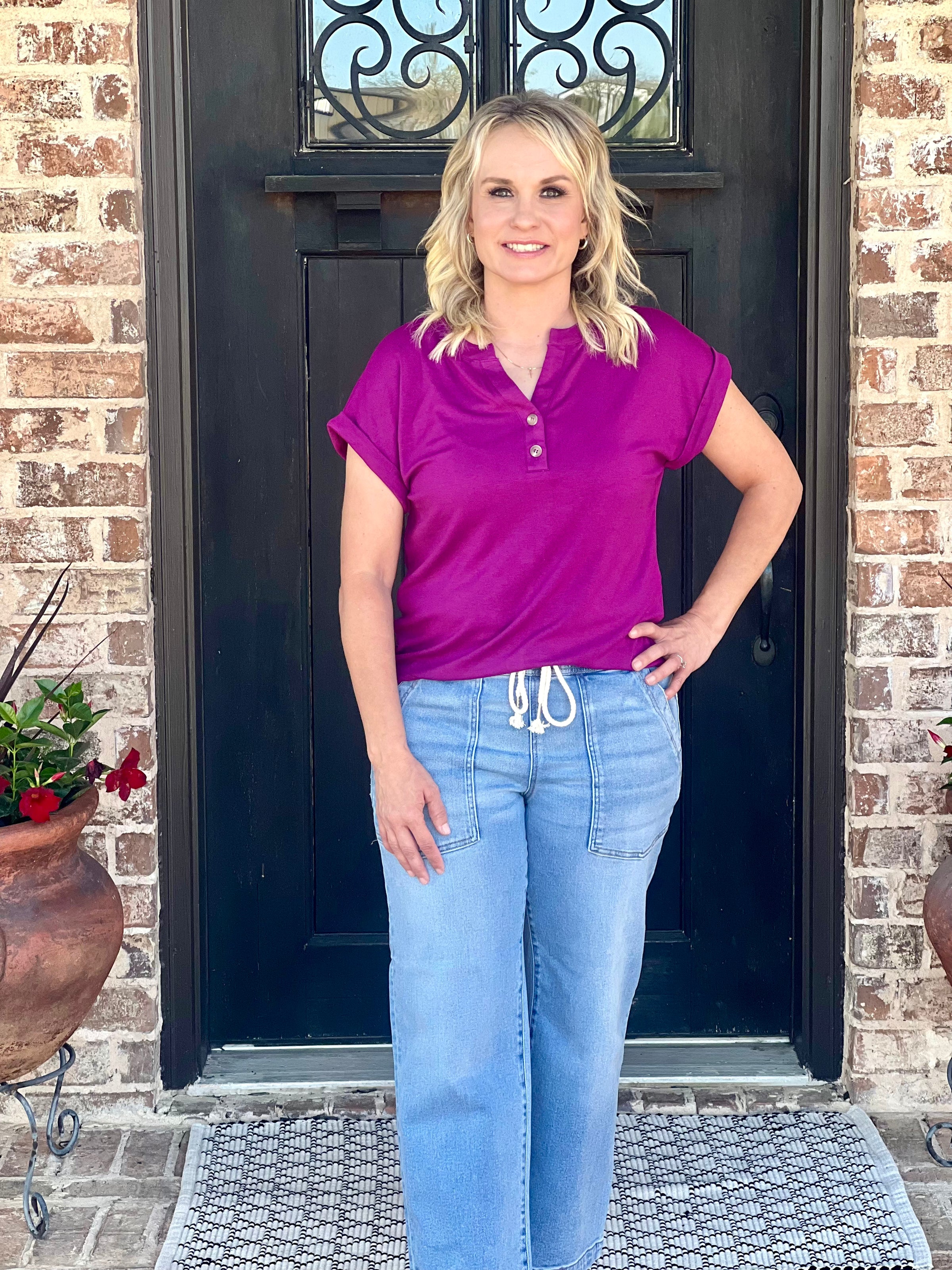 Magenta Henley Button Neck Short Sleeve Top