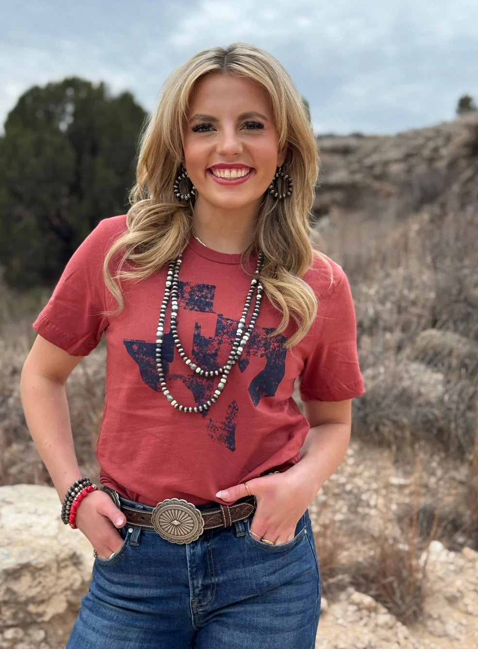 Rust Stamped Texas in Navy Ink Tee