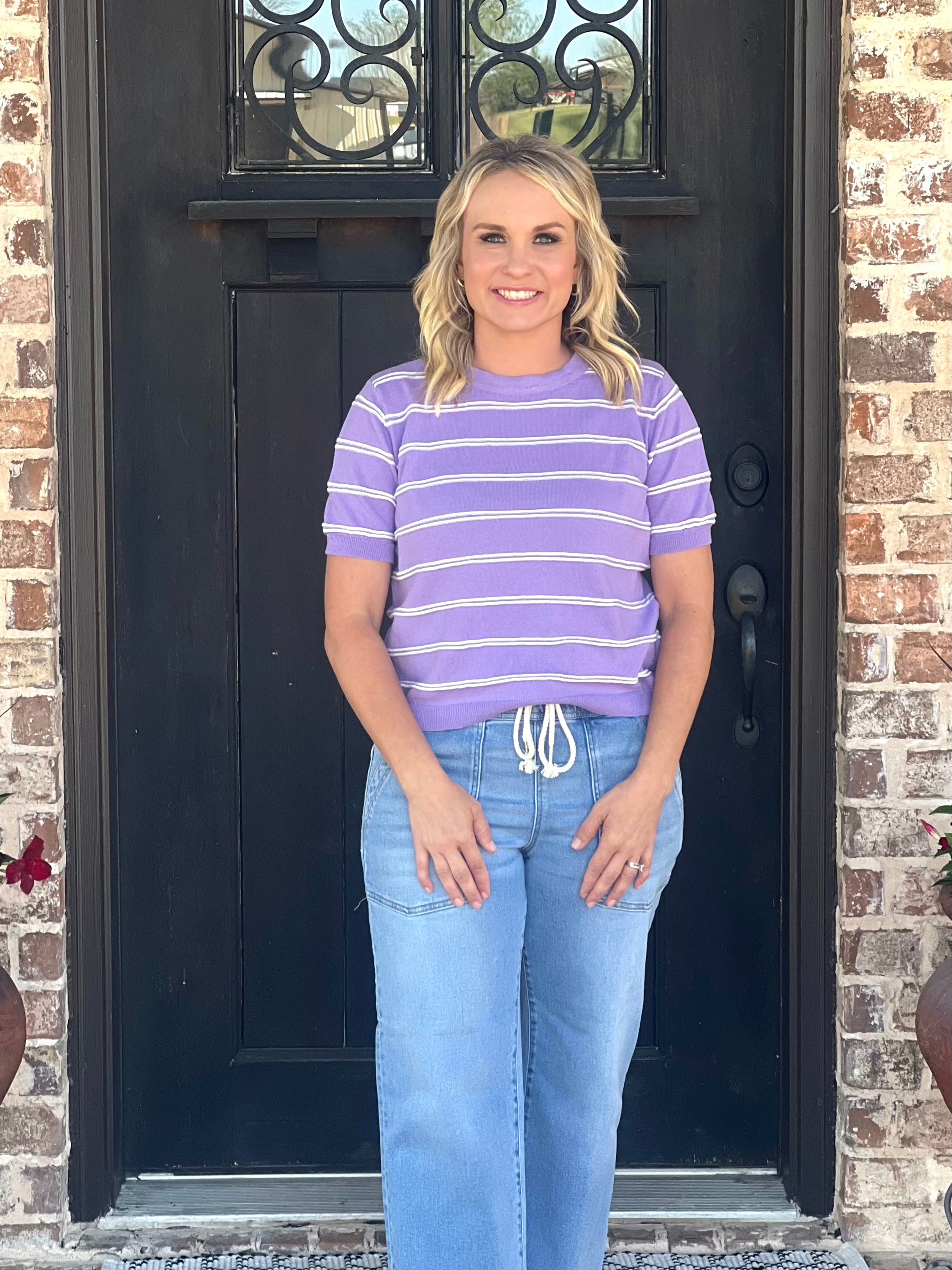 Lavender Striped Short Sleeve Sweater