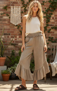 Taupe Tiered Ruffle Mineral Wash Wide Leg Pants