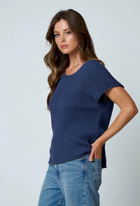 Navy Raw Sleeve Relaxed Sweater Knit Top