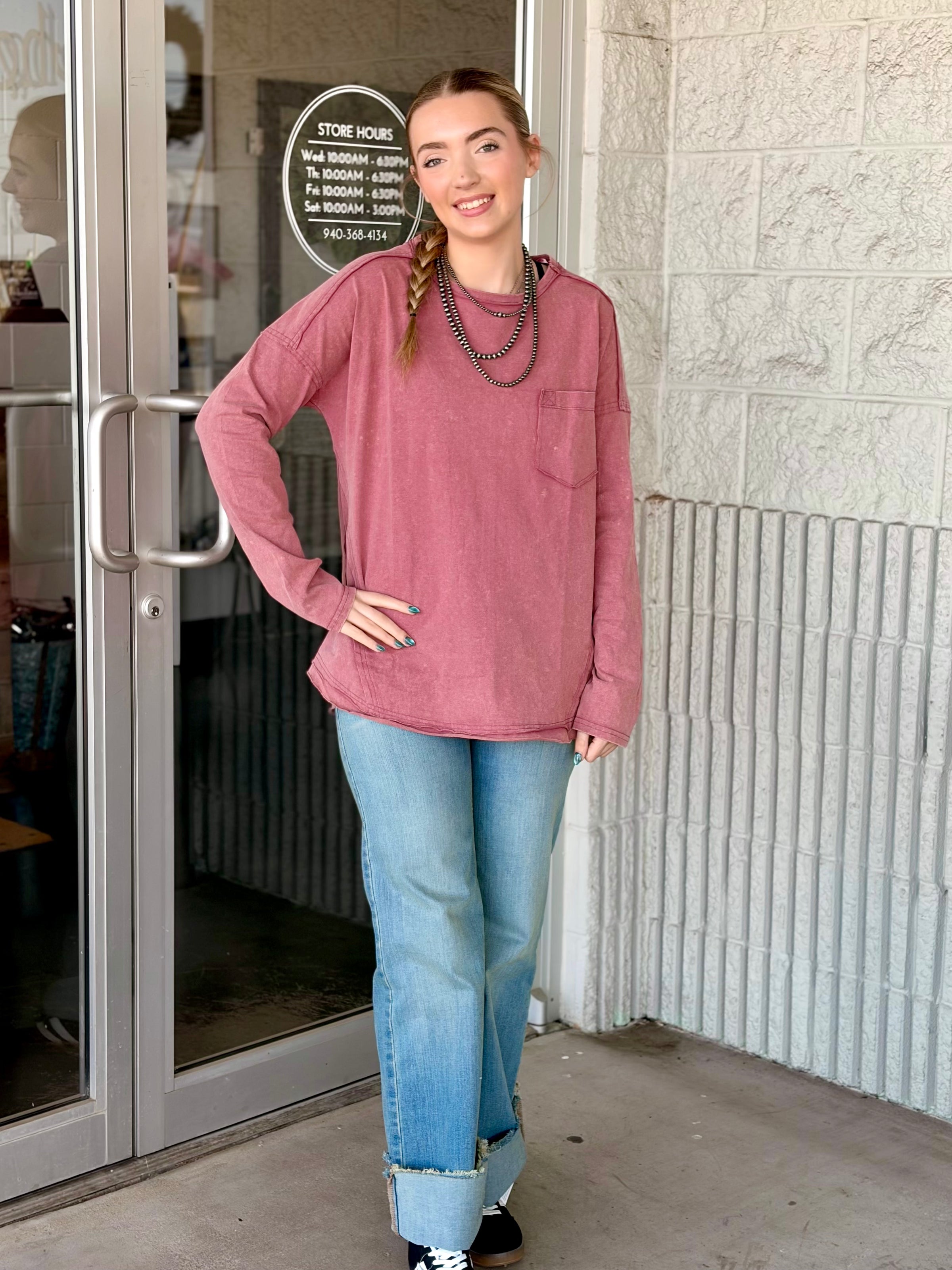 Mauve Mineral Wash Pocket Casual Top