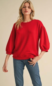 Red Solid 3/4 Sleeve Peasant Top