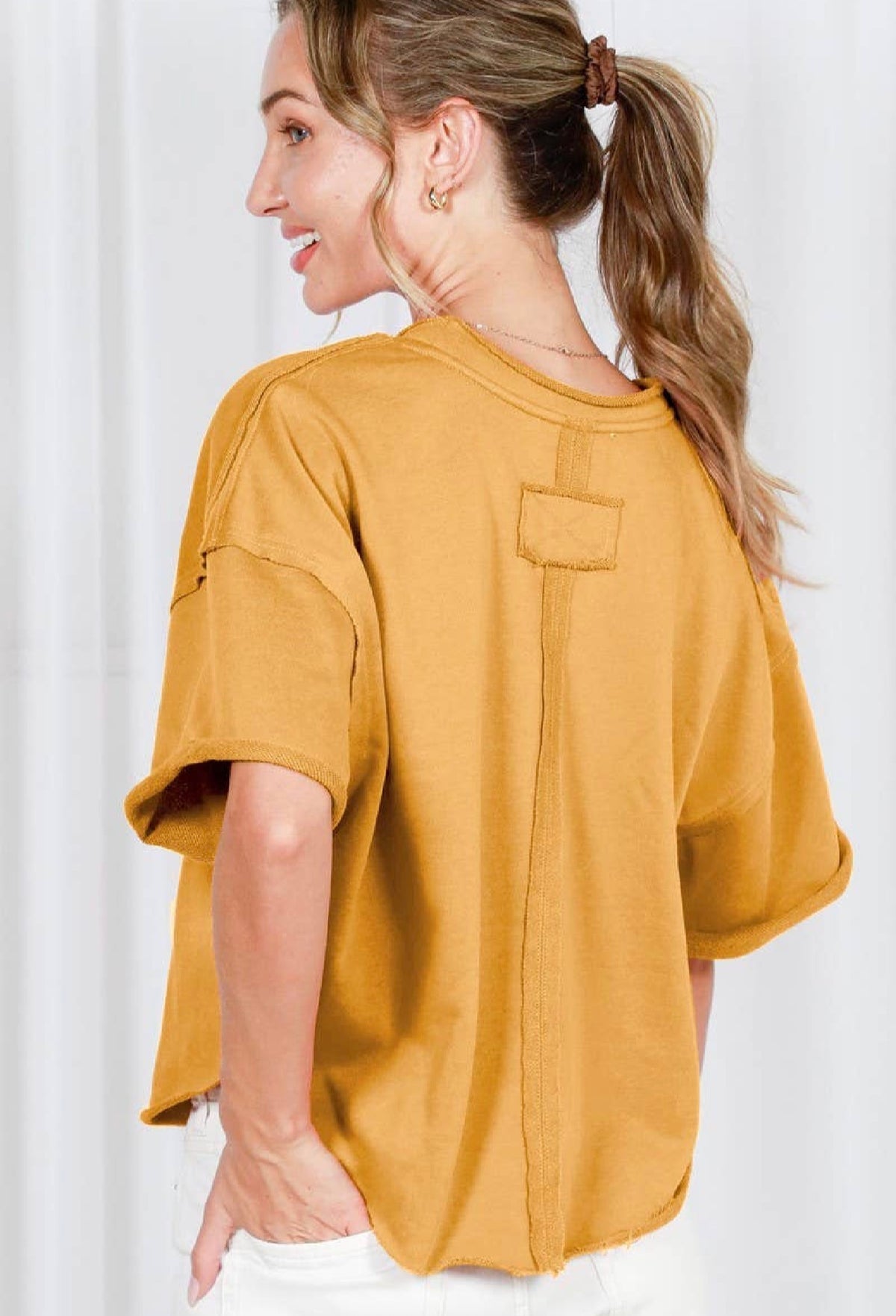 Mustard Vintage-Inspired Cut Edge Knit Top