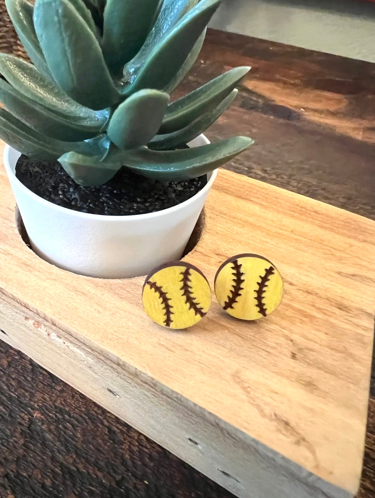 Softball Wood Stud Earrings