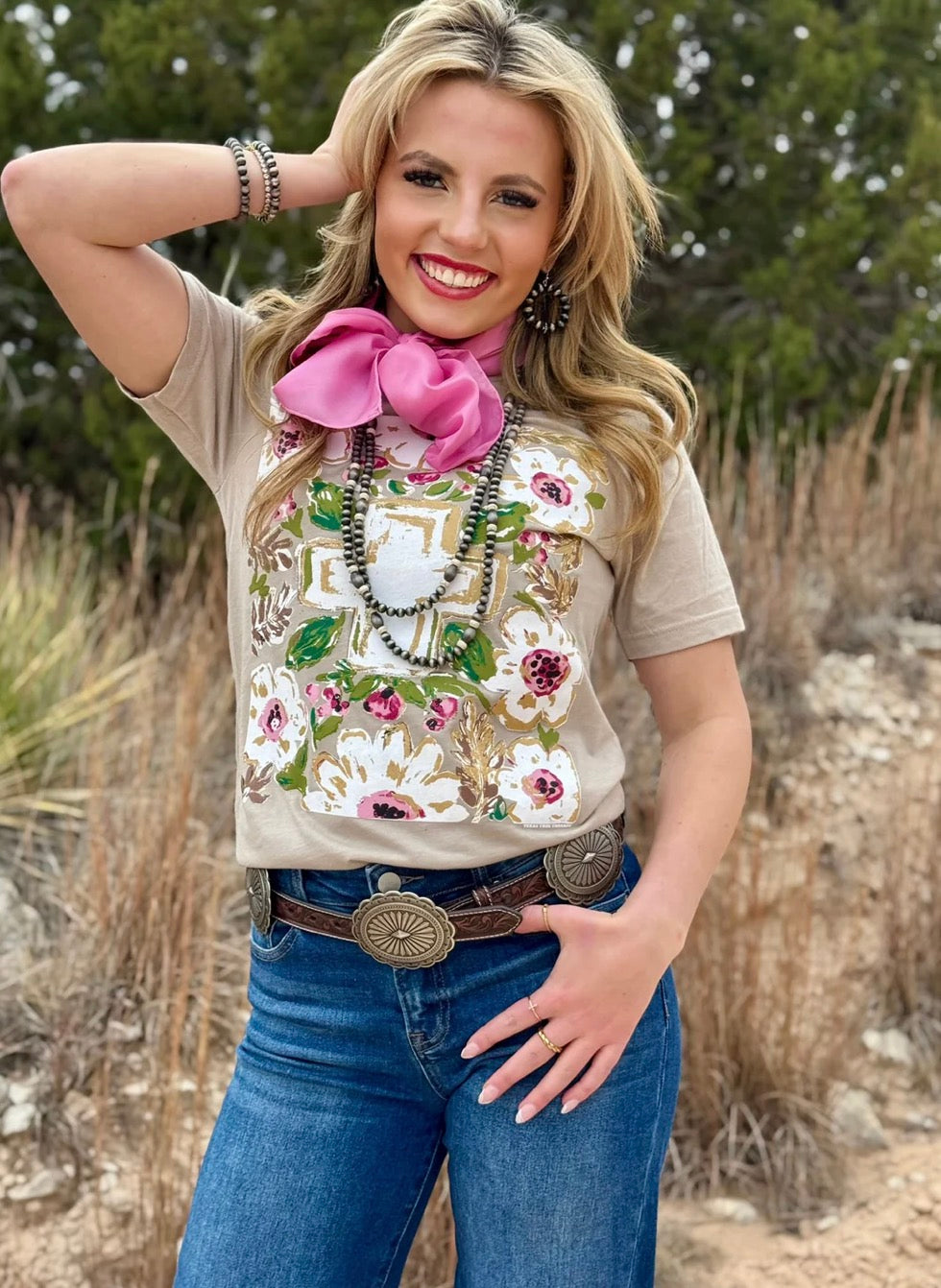 Callie Ann Stelter Gold Floral Cross Tee